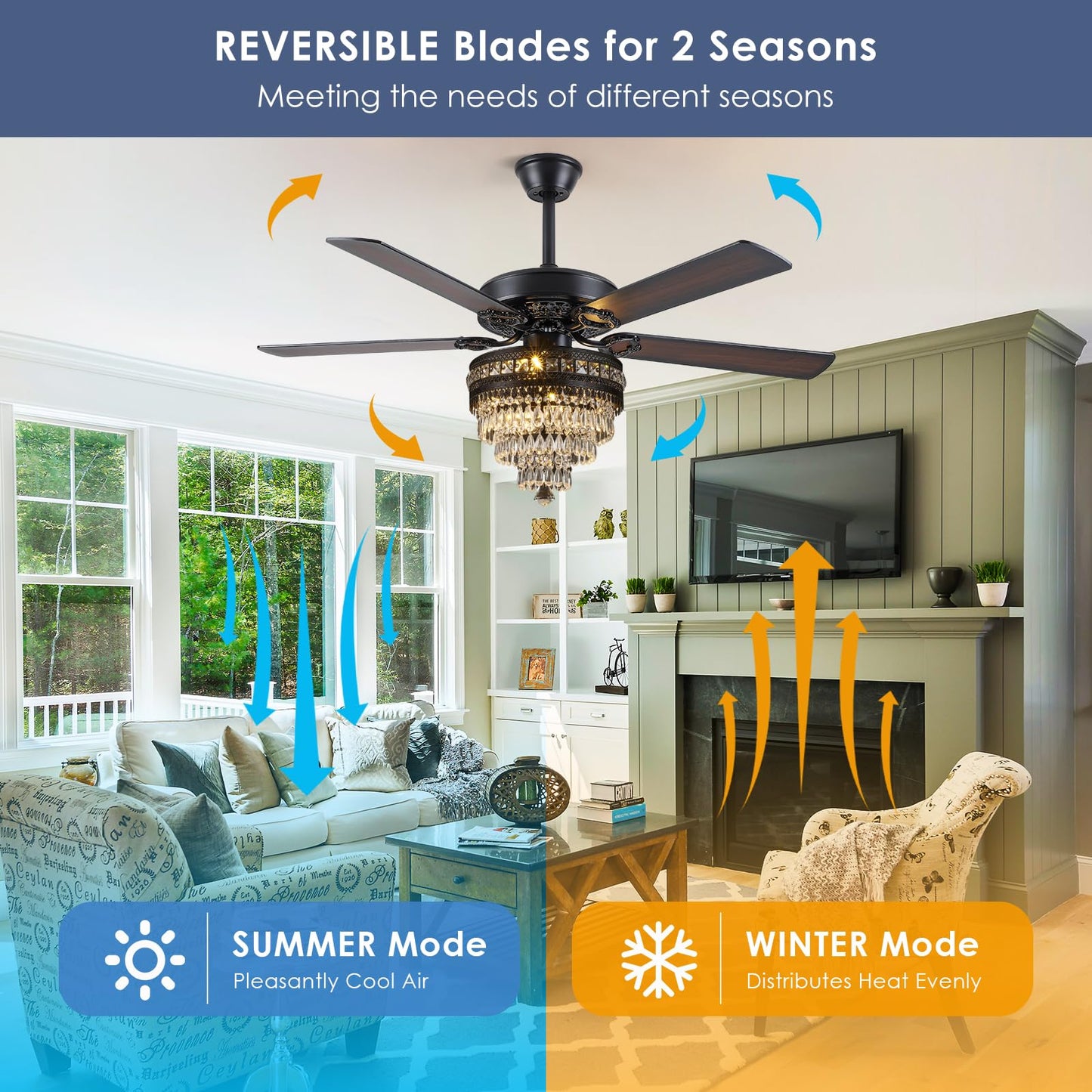 Asyko 50" Crystal Ceiling Fan Fandelier with Lights - Modern Black Chandelier Fans with Remote Control,Noiseless AC Motor, Retro/Farmhouse Lighting, Dining Room,Living Room