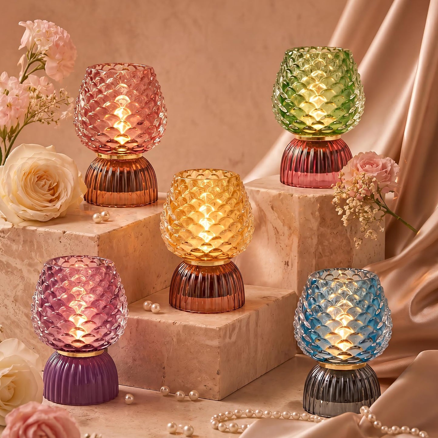 SisiHokai Battery Operated Lamp with Timer, Cute Small Cordless Glass Table Lamp for Home Decor, Kitchen, Bathroom, Birthday Gift for Women, Pinecone, Purple