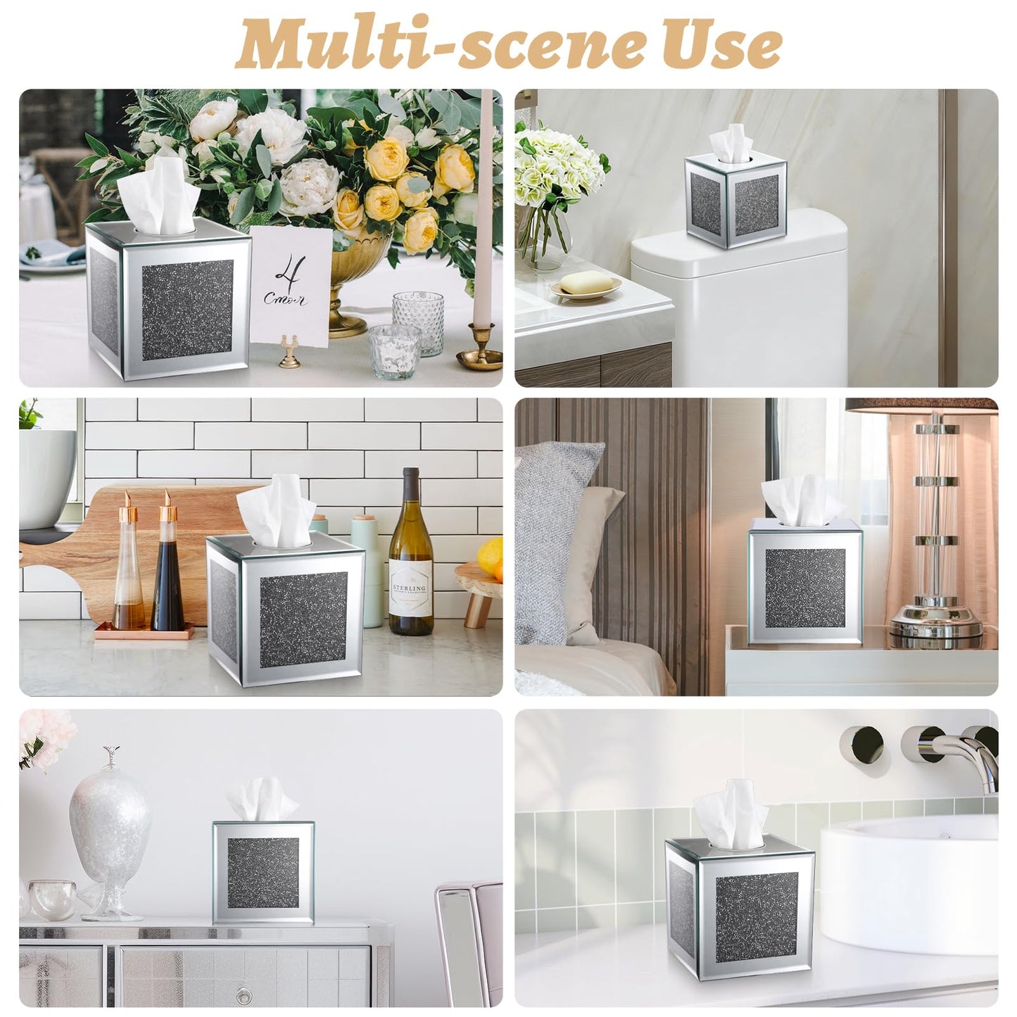 Sumnacon Crystal Square Tissue Box Cover, Silver Glass Cube Tissue Box Holder, Decorative Facial Tissue Holders Dispenser for Bathroom Vanity Dresser Night Stand Table Countertop Office Home Decor