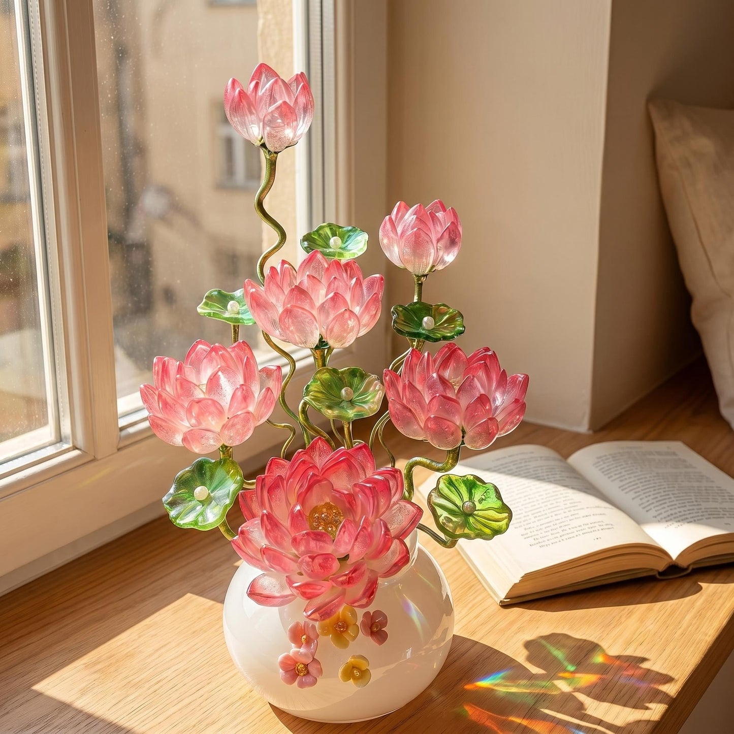 Handmade Art Glass Lotus Flower Arrangement in Vase, Blue Glass Floral Sculpture, Elegant Home Decor Accent, Decorative Centerpiece Gift for Mom, Women, Housewarming (Rose Pink)
