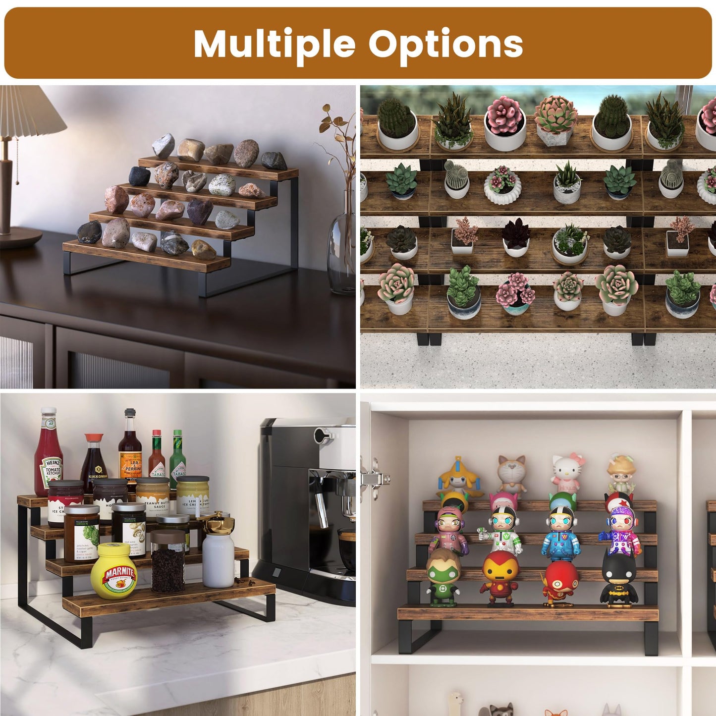 Wood Display Risers, 4 Tier 13.4IN Perfume Organizer Shelf with Metal Legs, Large Wooden Cupcake Stand Holder, Display Shelf Stand for Figures, Party, Makeup, Dessert Shelves for Party, Rustic Brown