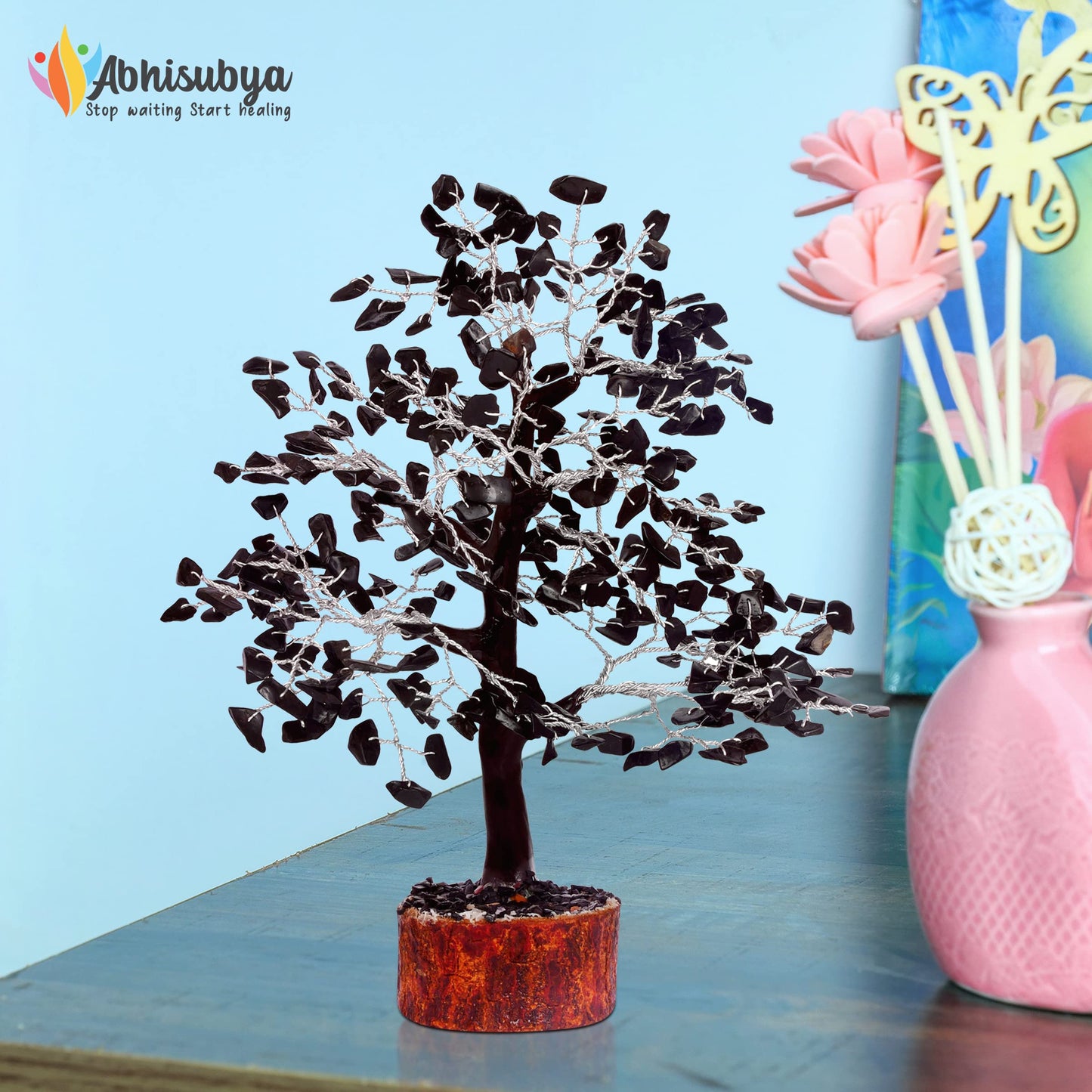 ABHISUBYA Black Tourmaline Silver Wire Handmade Crystals and Healing Stone Natural Gemstone Fortune Bonsai Money Tree | Good Luck | Wealth | Prosperity | Home Office Decor | Spiritual Gift | Feng Shui
