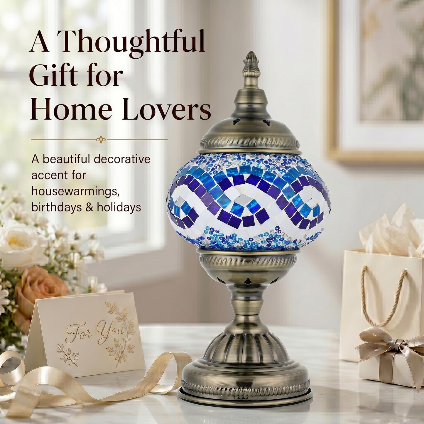 GOGERS Turkish Moroccan Table Lamp Lantern with Handmade Mosaic Glass Lampshade Tiffany Style Bohemian Stained Glass Decorative Desk Lamps Bedside Night Lights for Bedroom (White Multiple Blues)