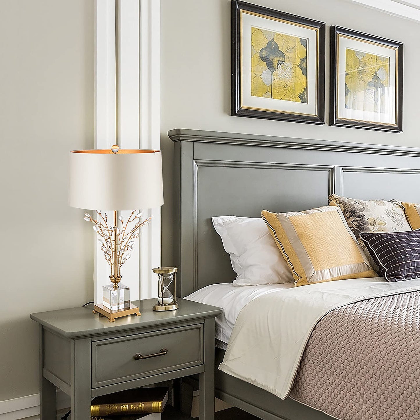 Gold Crystal Table Lamp White Glass Table Lamp with Fabric Lampshade and Crystal Lamp Body Lamp Unique Crystal Table Lamps for Bedroom Living Room Dining Room Bedside