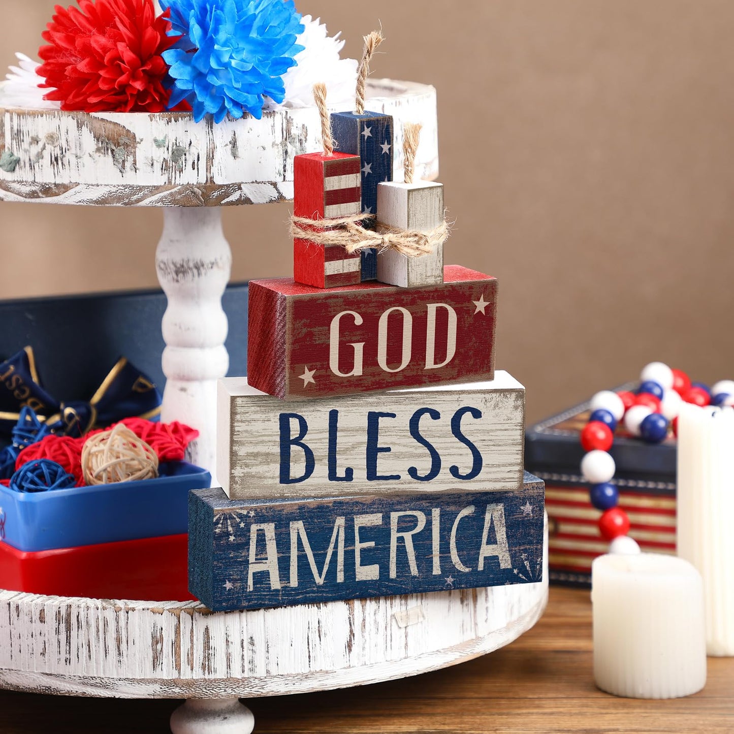 Moucuny 4 Pcs 4th of July Table Decorations Reversible Memorial Day Table Centerpiece Patriotic Fireworks Block Sign with String for 250th Anniversary USA Tiered Tray Home Shelf Decor