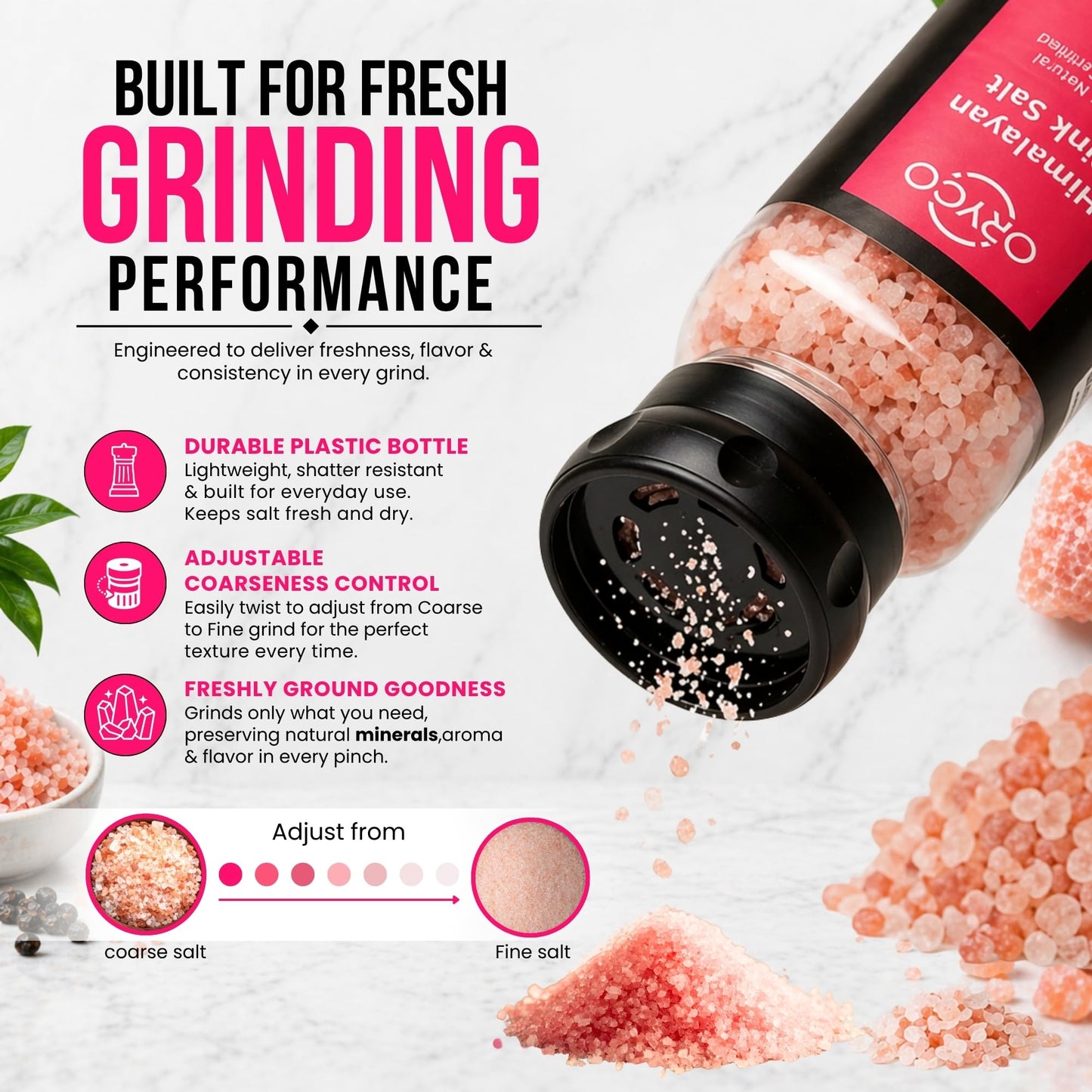 Oryco Himalayan Salt Grinder Set 3 Pack (2 Pink + 1 Black Kala Namak, 500g Each) – Refillable Grinders, 100% Natural, Kosher, Non-GMO, Coarse Salt for Cooking, Vegan & Seasoning