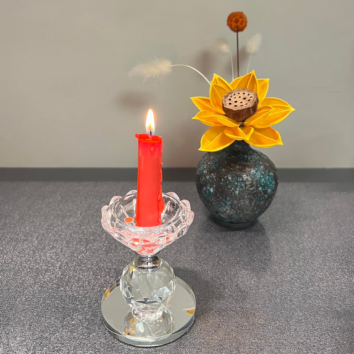 Crystal Glass Candle Holders Set of 2, Diamond Cut Tealight Stands