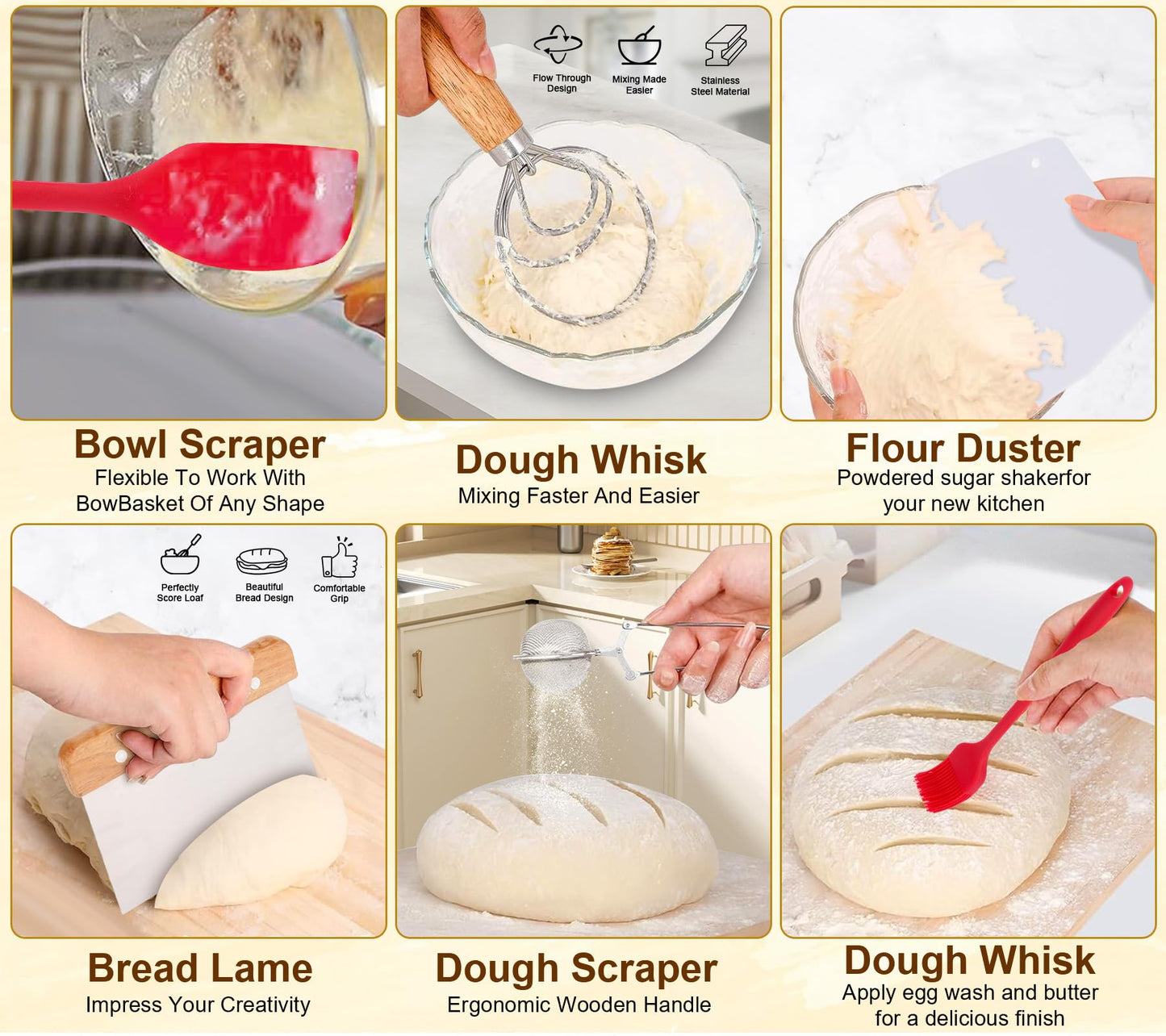 Sourdough Starter Kit, Bread Baking Supplies with Round & Oval Banneton Proofing Basket, Bread Sling, Starter Jar, Dough Whisk, Scrapers, Stencils & Storage Bag, Bread Making Tools Gift for Bakers
