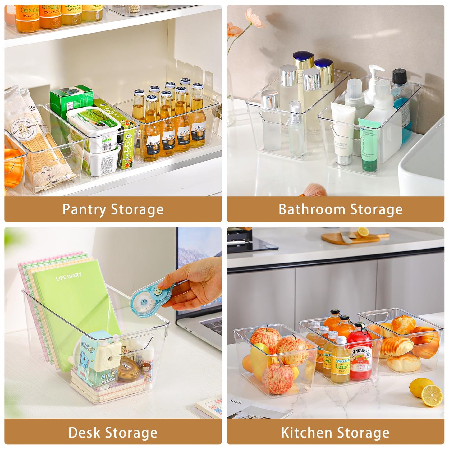 Freebat 12 Pack Middle Organizers and Storage, Pantry Organization and Storage Bins, Cabinet Organizer, Clear Plastic Storage Containers with Handle,Acrylic Storage Bins for Cabinet, Fridge