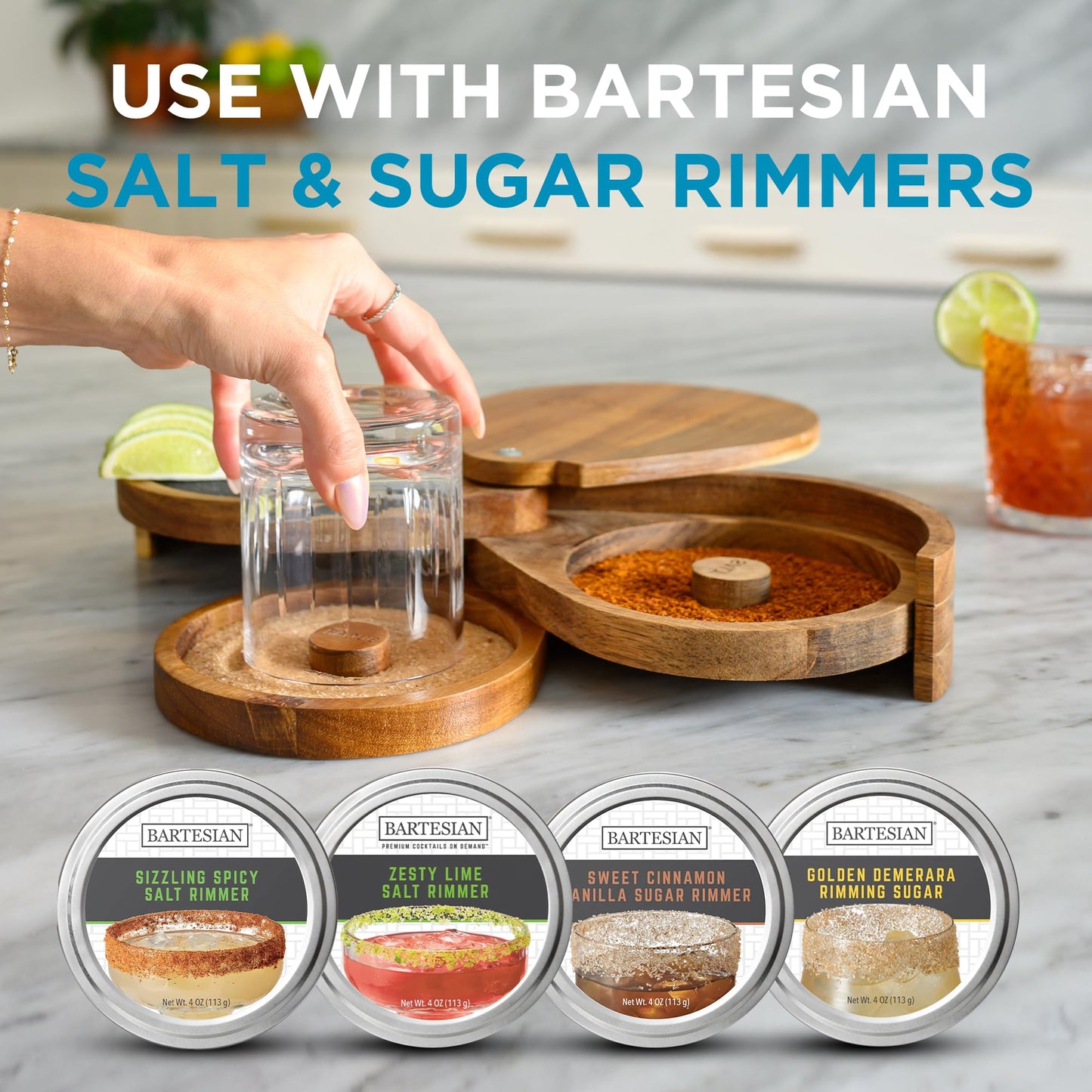 Bartesian Acacia Wood 3-Tier Cocktail Glass Rimmer Set - Luxury Home Bar Tool with Salt, Sugar & Lime Compartments - Professional Margarita and Craft Cocktails Bartender Rimming Station