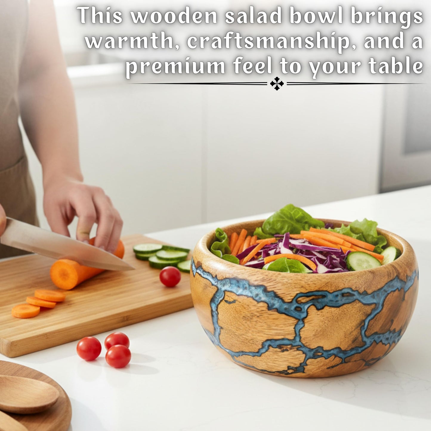Bhartiya Handicrafts Decorative Wooden Bowl, Handcrafted Blue Resin Serving Bowl for Salad, Fruit & Kitchen Table Décor Bowl (Small)