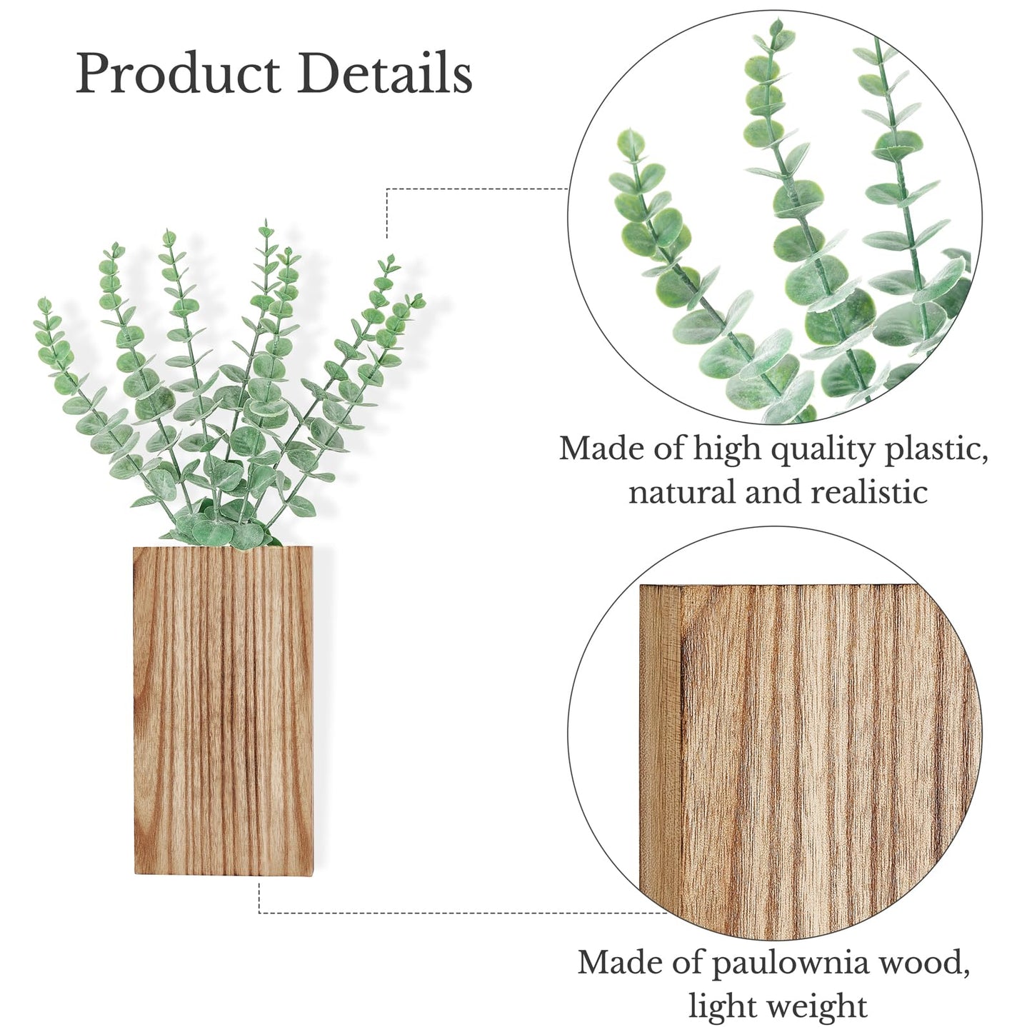 Dahey 2 Pack Wood Wall Planter Vase with Artificial Eucalyptus Farmhouse Wall Hanging Decor Pocket Planter for Indoor Fake Plants Greenery Flowers, livingroom Bedroom Kitchen Home Office Decoration