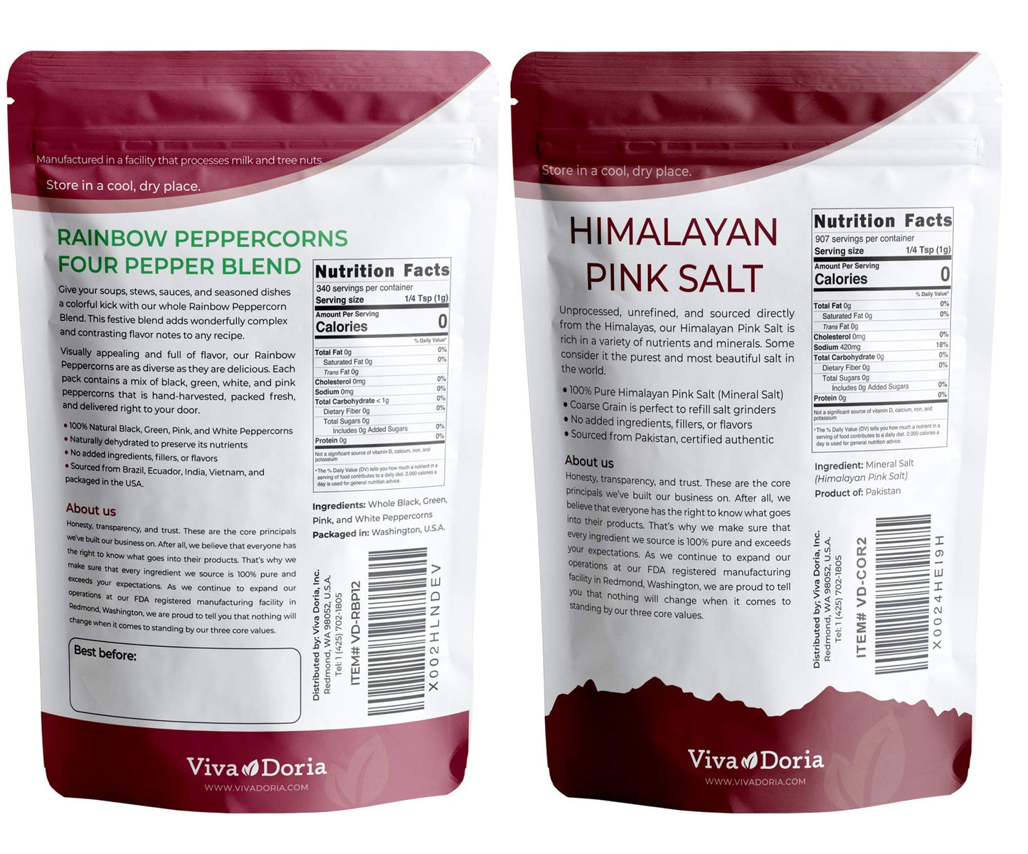 Viva Doria Rainbow Peppercorns Blend 12 oz & Himalayan Pink Salt, Coarse Grain, 2 lb – Steam Sterilized Mixed Whole Peppercorns and Coarse Salt for Grinder Refills, 2-Set Combo Pack