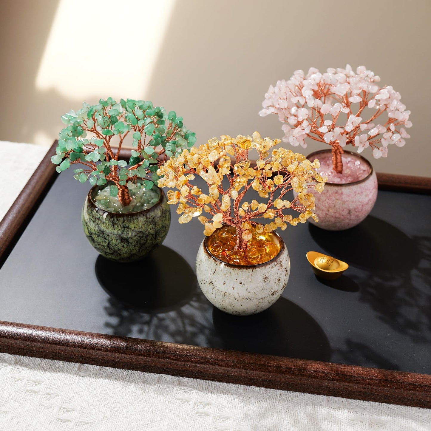 Runyangshi Crystal Tree of Life - Natural Rose Quartz Gemstone Tree, Handcrafted with 216 Crystal Gravel, for Feng Shui, Luck, Prosperity, Abundance, Home Decor, Spiritual Gift for Women