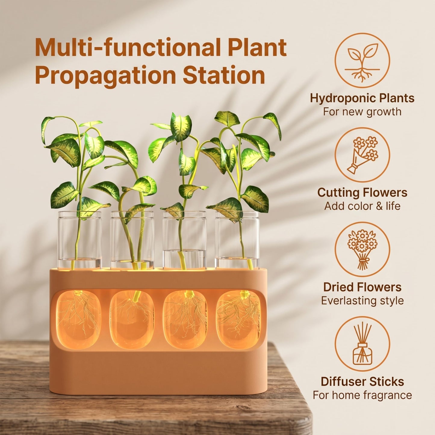 Hokkieam Plant Propagation Station with LED Light, 10-Level Dimmable Desk Plant Stand for Hydroponic Plants, 4 Glass Test Tubes Propagated Plant Holders for Indoor Home Decor Gardening Gifts