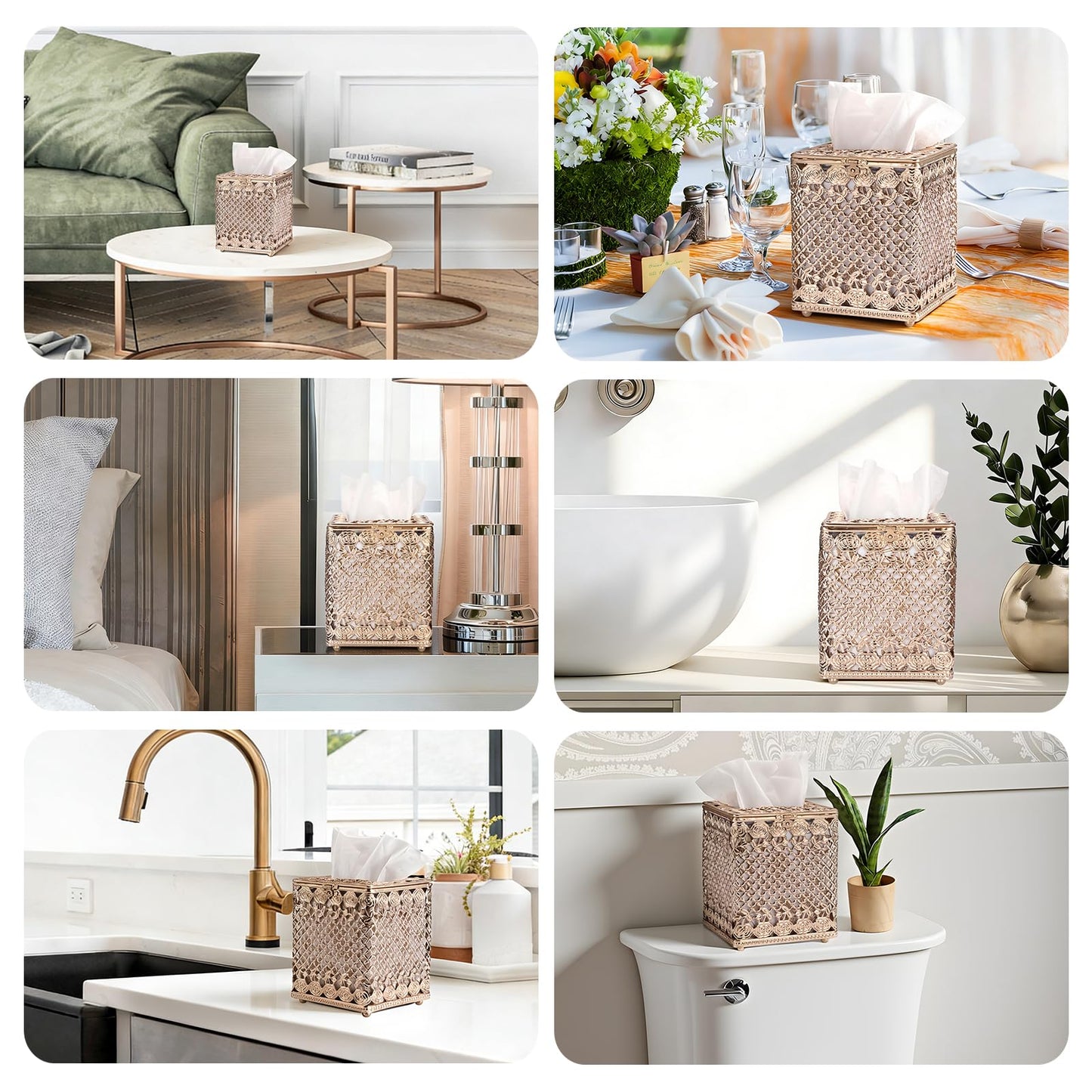 Sumnacon Tissue Box Cover Square, Metal Tissue Holder with Lid, Stylish Cube Tissue Covers, Decorative Rose Tissue Box Organizer for Bathroom Kitchen Table Desk Toilet Home Office, Gold