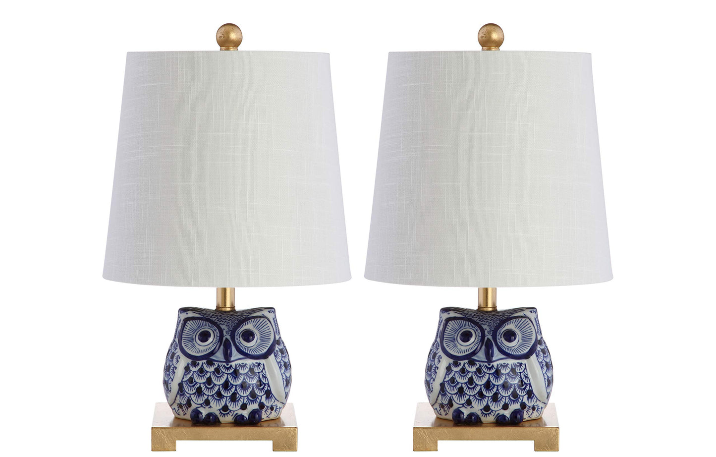 JONATHAN Y 16" Blue/White Ceramic Owl Mini Table Lamp for Bedroom or Office, Modern Farmhouse Nightstand Lamp with White Linen Shade, LED Bulb Included (JYL3014A-SET2)