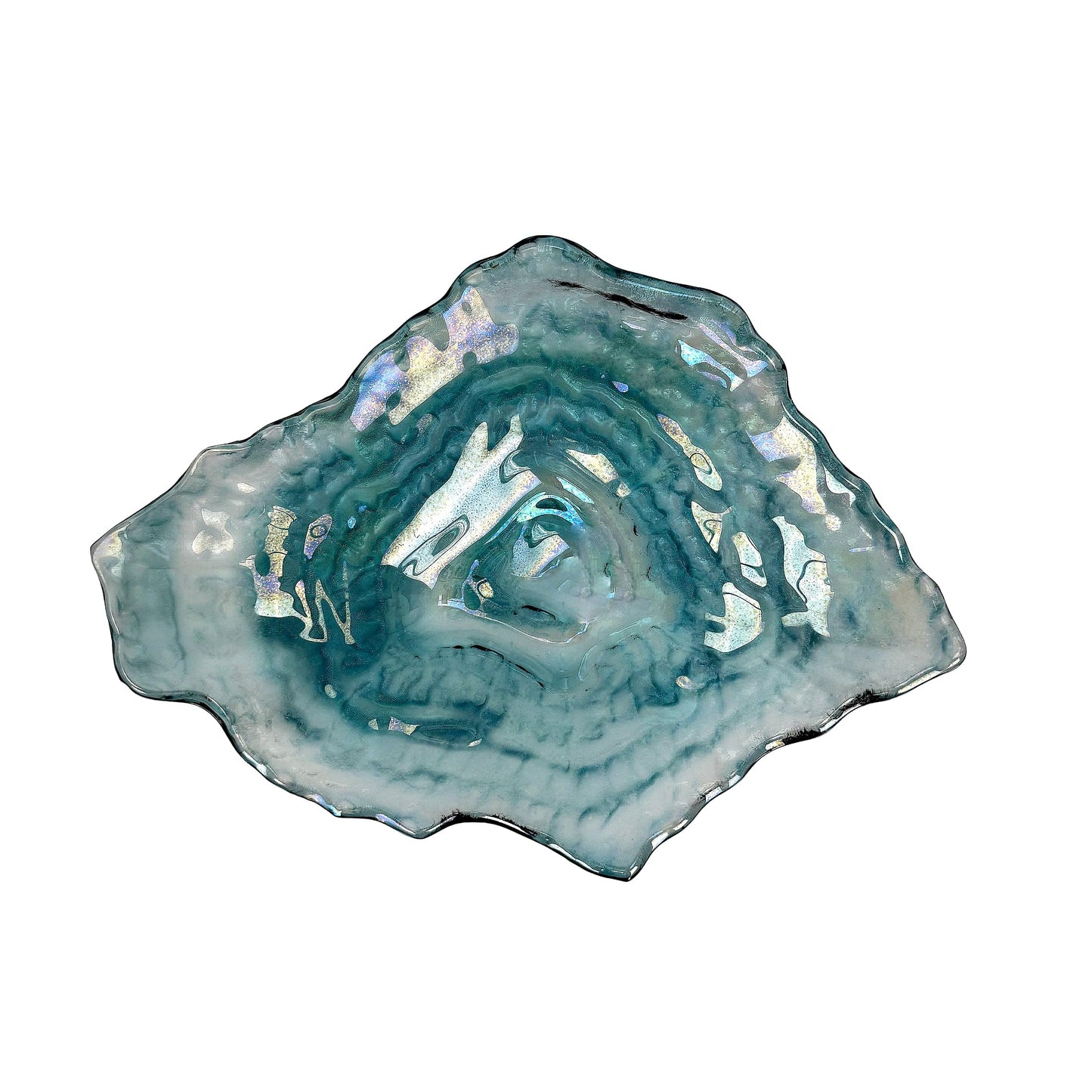 Things2Die4 Oyster Shaped Decorative Plate, 10 X 7.5 Inch Iridescent Sea Blue Glass Accent Dish for Coastal Table Decor, Freeform Wavy Shell Design for Entryway or Living Room