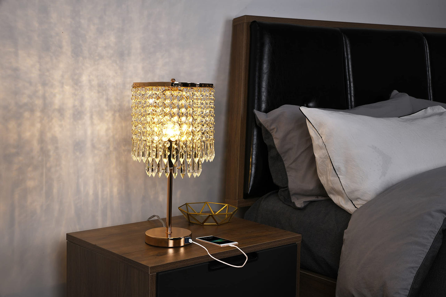 Popity home Crystal Table Lamps Set of 2, Gold Lamps for nightstand with 2 USB Charging Ports, 3-Way Touch Dimmable Crystal Desk Lamp, Gold Bedside Lamp with Elegant Shade for Bedroom, Living Room