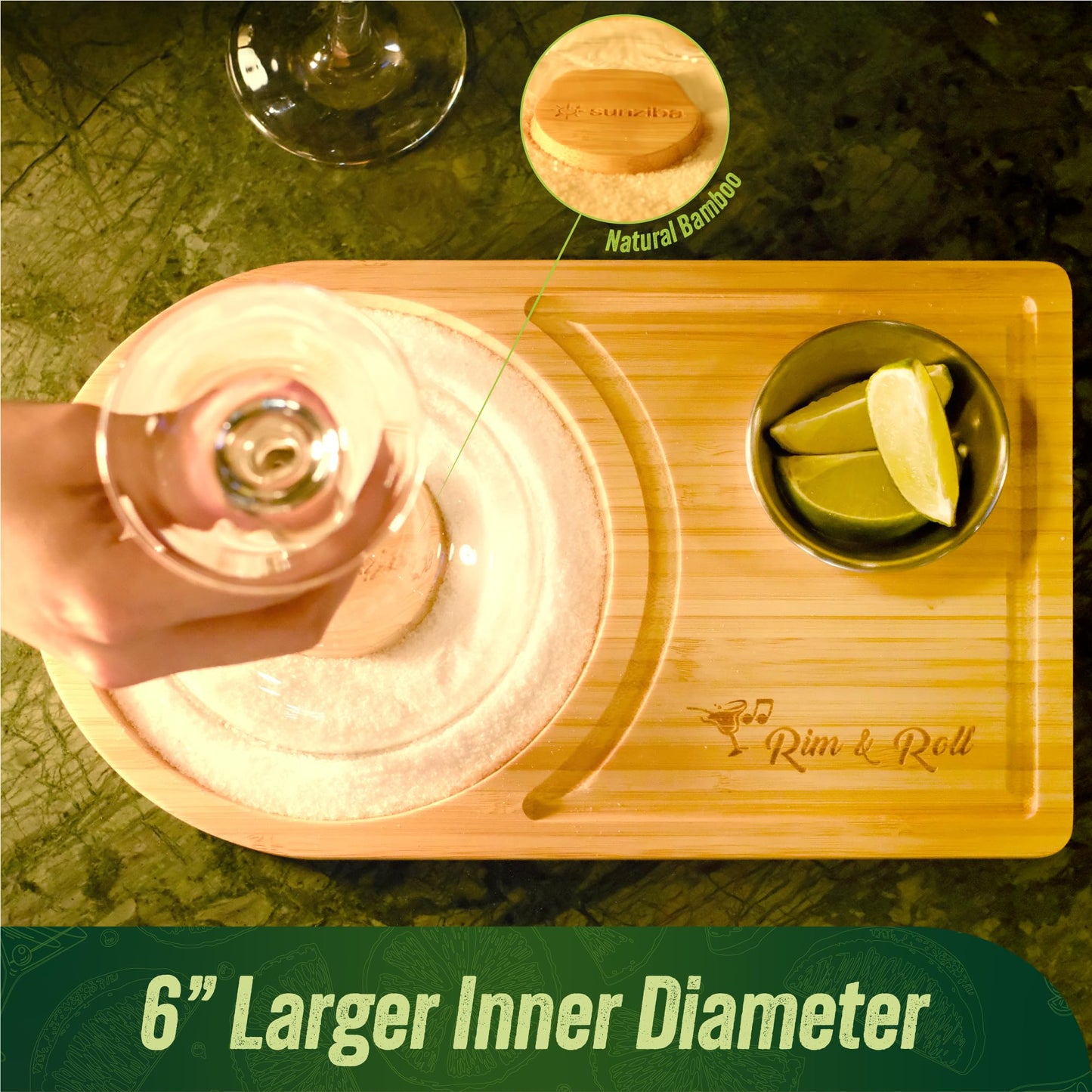 Sunziba Margarita Salt Rimmer Set for up to 6" Rims | Bamboo Salt Rimmer for Cocktails | Bartender Accessories & Home Bar Gift | Margarita Kit and Bartender Tool