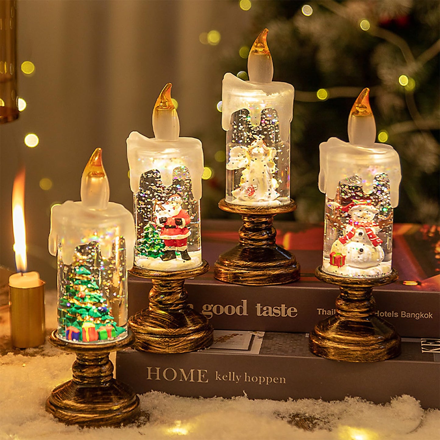 Flameless Snow Globe Candles, Battery Opered Christmas Candles Light with Swirling Glitter, Safe Fairy Tale Taper Candle for Home Fireplace Table Holiday Decor (Santa Claus)