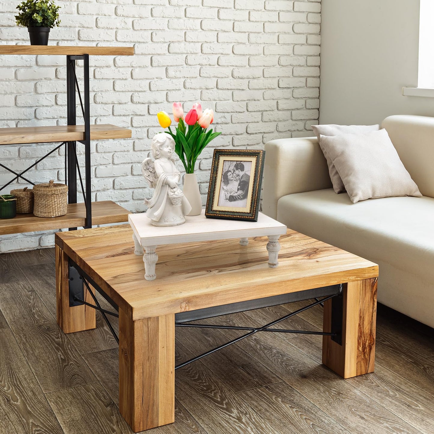 TOOLTENG Wooden Riser Decorative Tray, Farmhouse Wood Pedestal Stand, Rustic Whitewashed Tray Riser Display Stand, Coffee Bar, Dining Room, Centerpiece, Kitchen, Bathroom Table Decor (Washwhite)
