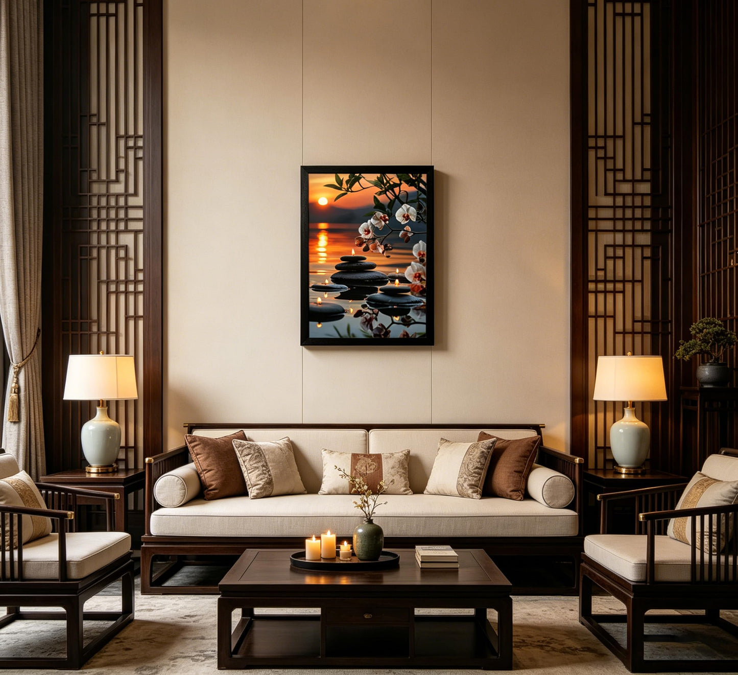 Framed Zen Orchid Stone Wall Art, Sunset Water Reflection Spa Decor with Floating Candles, Serene Botanical Canvas Print for Bathroom Bedroom Office, Calm Asian Inspired Artwork