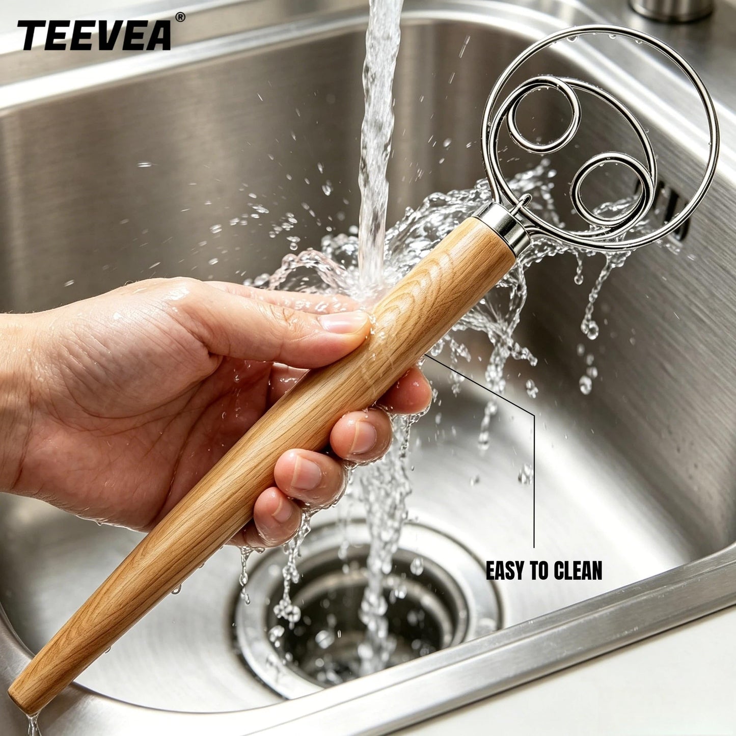 TEEVEA Danish Dough Whisk Stainless Steel Wooden Handle for Sourdough Bread