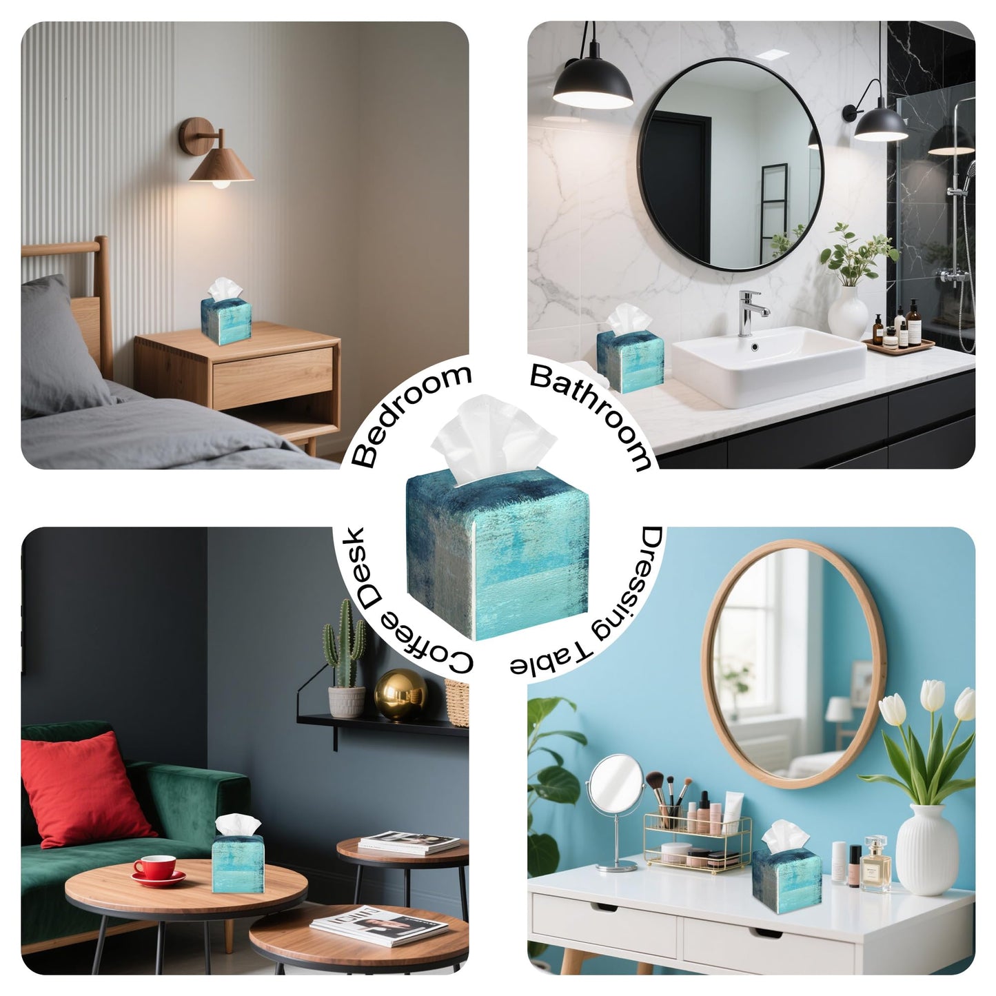 Abstract Turquoise Grey Art Tissue Box Cover,PU Leather Tissue Box Holder Square,Modern Home Decoration for Bathroom Living Room Kitchen Office Car,5.2"×5.2"×5.2"