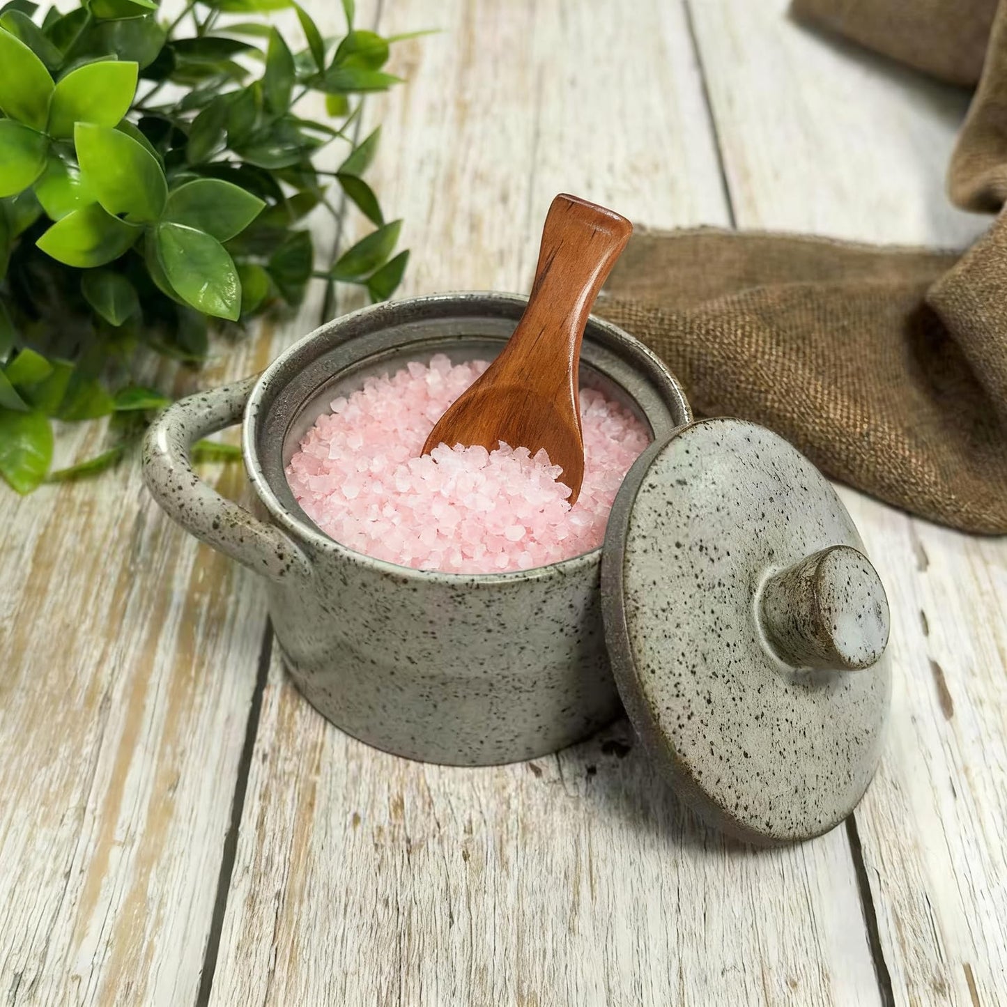 2 Set Speckled Ceramic Salt Cellar with Lid and Wooden Spoon, Vintage-Inspired Kitchen Storage, Farmhouse Salt Pepper Cellar Holder, Thoughtful Housewarming Gift for Sea Salt, Granulated Sugar