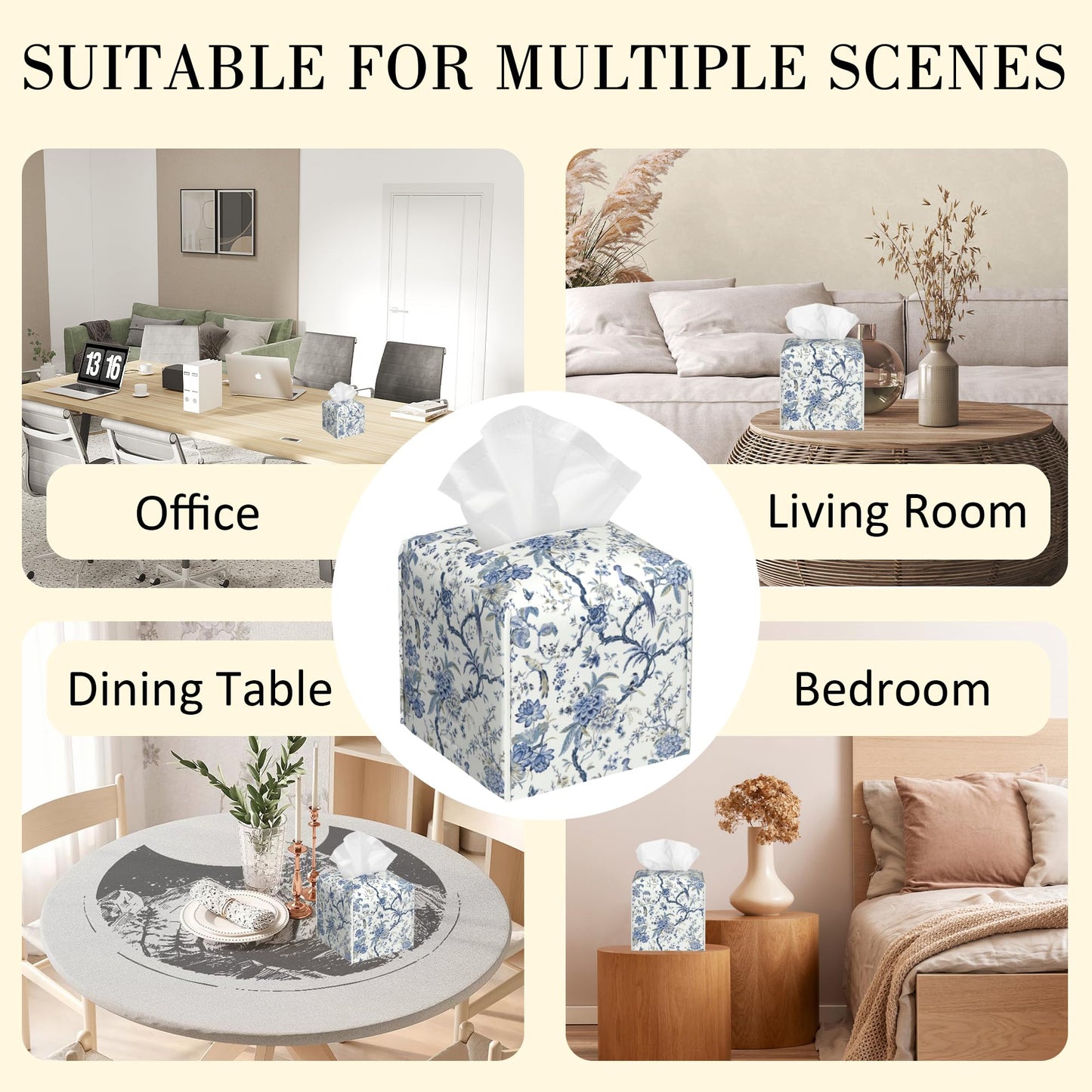 POIUBLE Blue Flower and Bird Tissue Box Cover Leather Tissue Box Holder Square Facial Paper Organizer Dispenser for Bathroom Kitchen Bedroom Vanity Countertop Night Stands