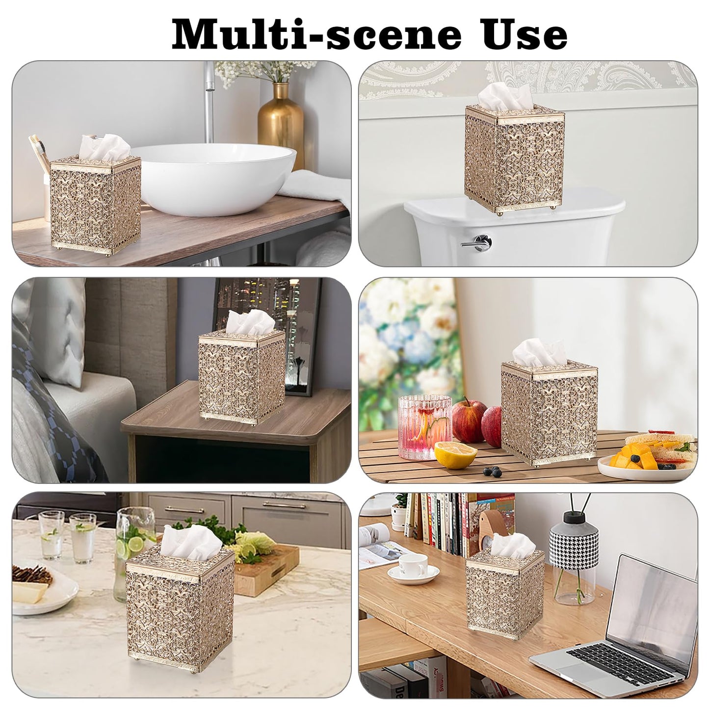 Sumnacon Tissue Box Cover Square Tissue Box with Lid, Metal Tissue Box Holder Stylish Tissue Cover Cube Tissue Box Cover for Bathroom Toilet Kitchen Table Desk Home Office, Gold