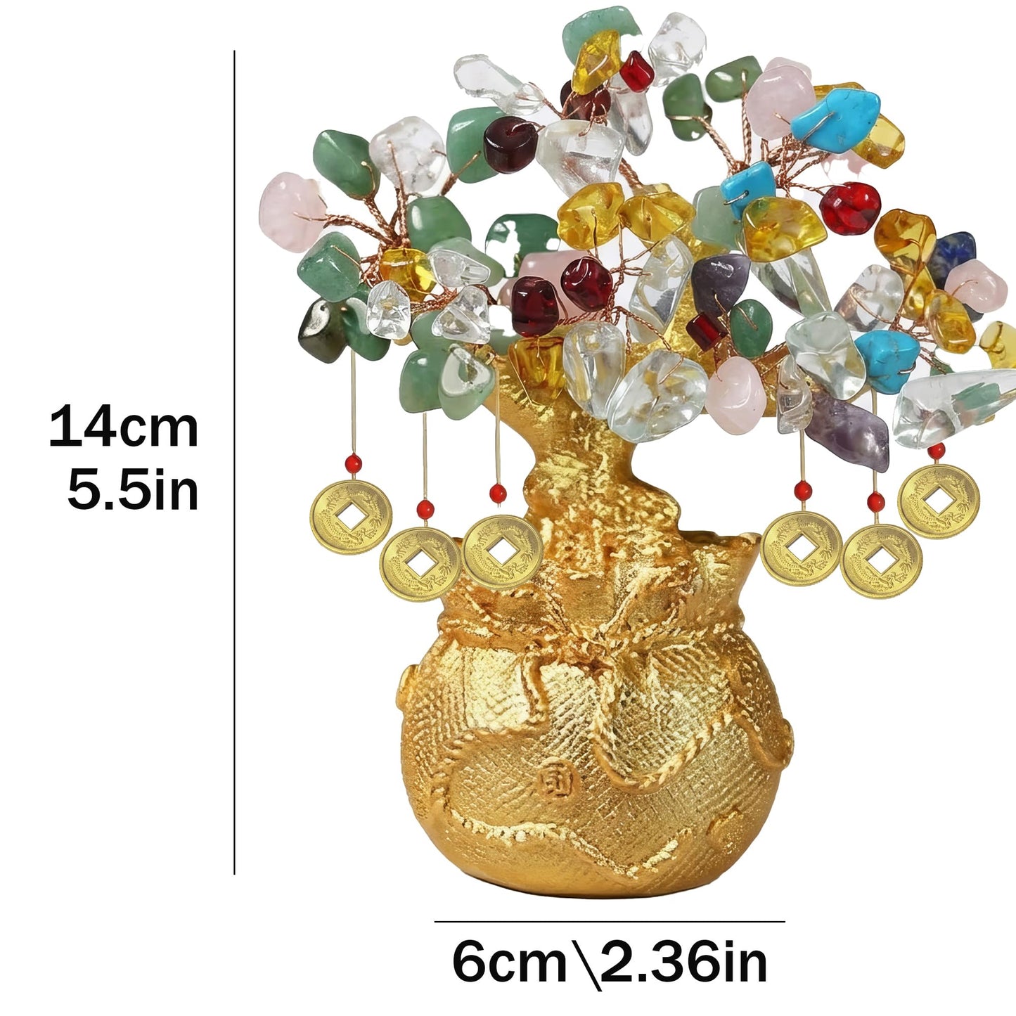 LinkWheres 7 Chakra Crystal Money Tree - Tree of Life Feng Shui Wealth Decor - Golden Money Bag Bonsai - Multi Gemstone Lucky Statue for Home Office (5.5 Inch)