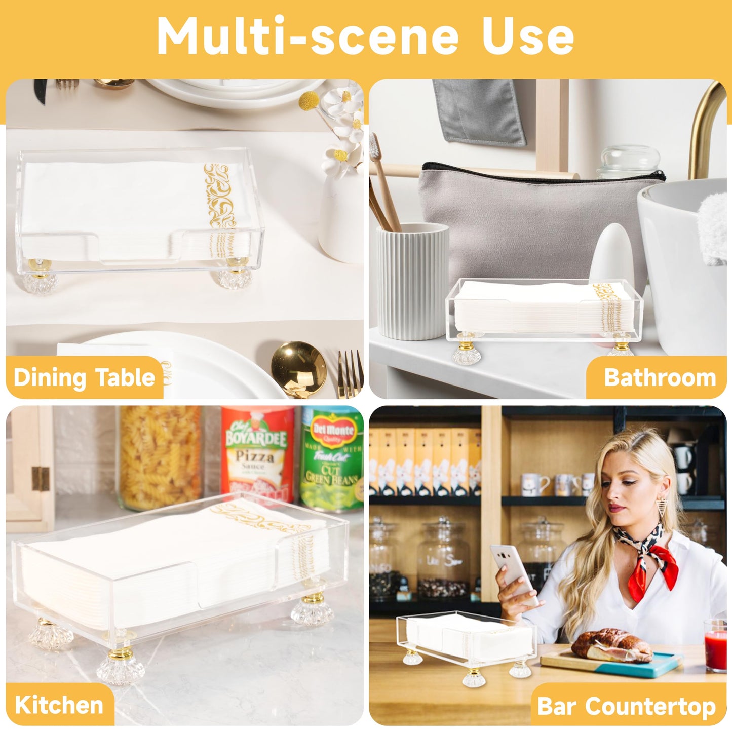 Acrylic Napkin Holder with Feet, LUVCOSY Acrylic Guest Towel Holder, Clear Hand Towel Storage Tray, Unique Crystal Feet Design, Paper Towel Dispenser for Bathroom, Kitchen, 9x5 Inches - Rectangular