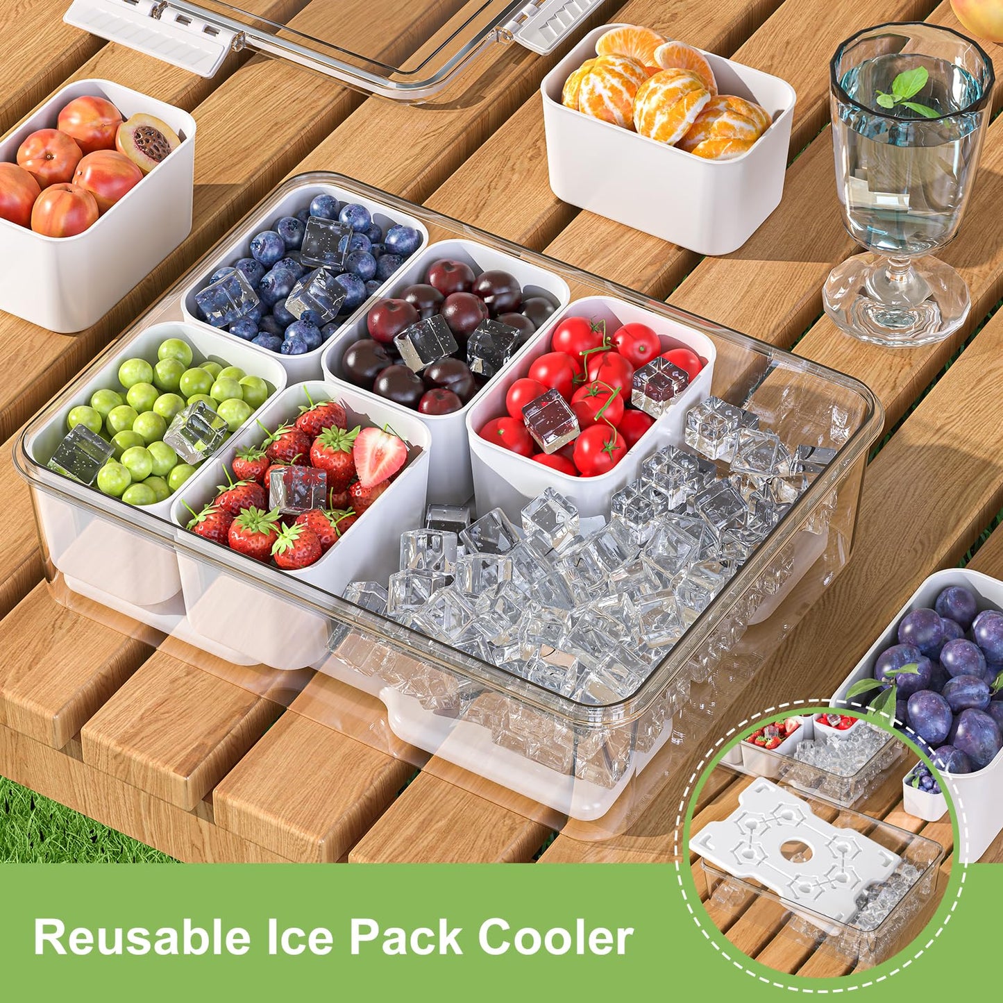 Locliki Chilled Snackle Box Container with Ice Pack, Bonus Insulated Bag Charcoolerie Chilled Portable Serving Tray, 8 Compartment Snack Container for Charcuterie Snack Road Trip Picnic Essentials