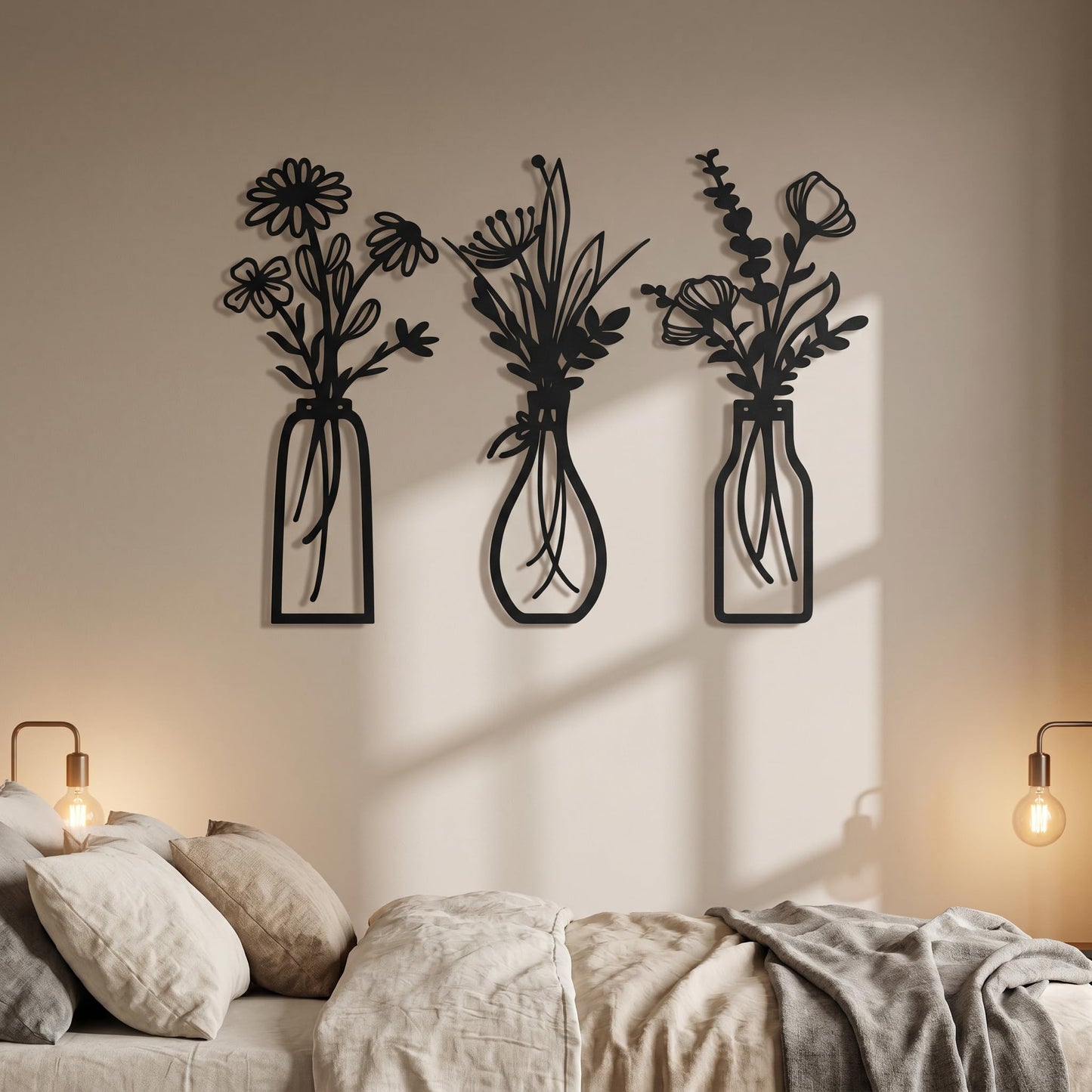 NCzhaozhao 3 Pieces White Metal Flower Vase Wall Art Sculptures | Minimalist Botanical Wall Decor for Living Room Bathroom Bedroom Kitchen Farmhouse Home Decor