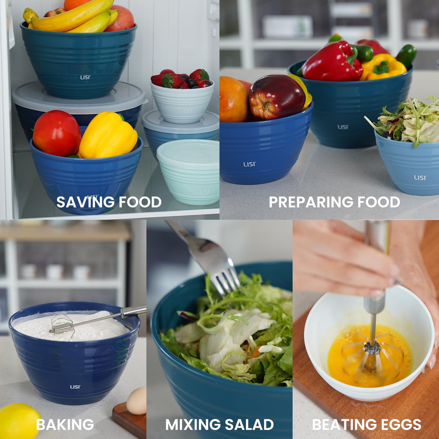 LISI 6 Pack Mixing Bowls Set with Lids, Airtight BPA-Free Nesting Bowls for Mixing, Baking, Cooking & Storage, Dishwasher Safe Serving Bowl, Includes Spatula, Spoons, Brush & Whisk