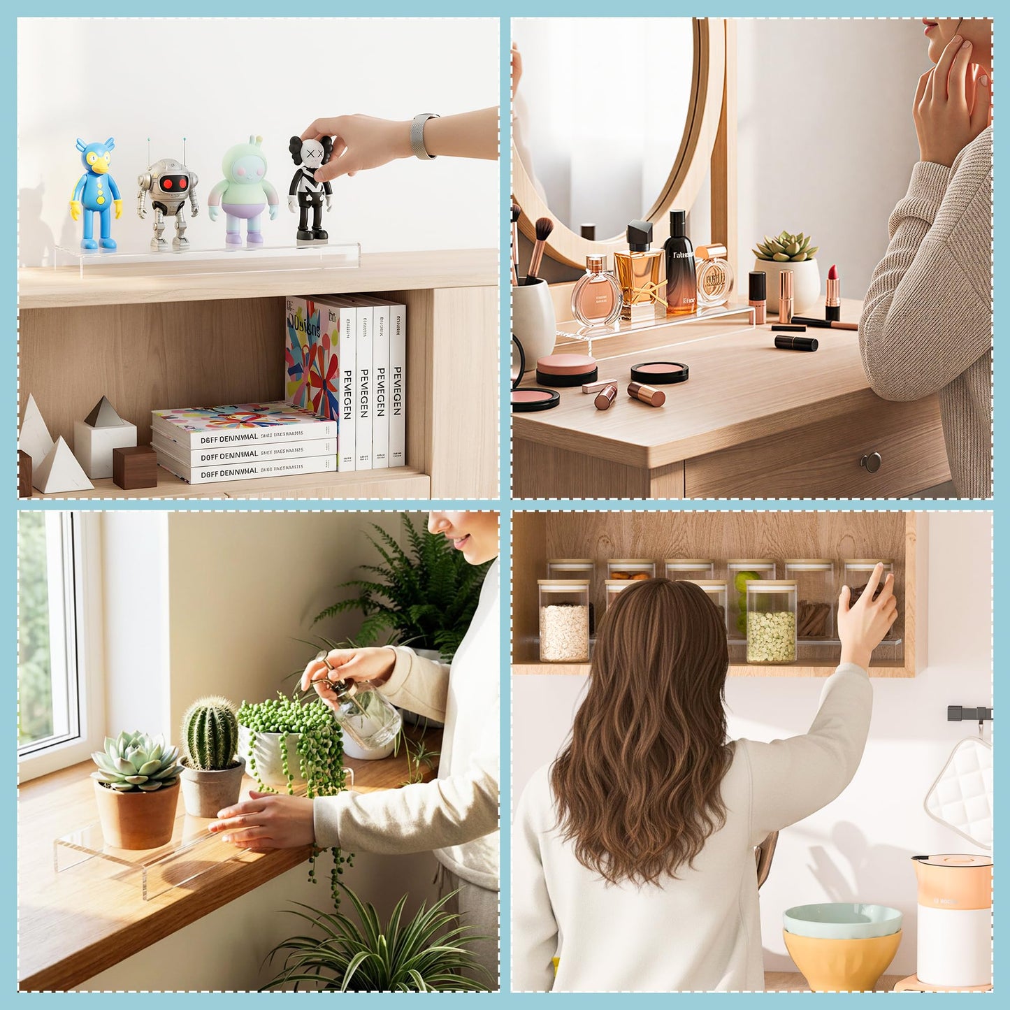 Hexsonhoma Acrylic Shelf Riser 10x3.9x1 pack of 2, Countertop Acrylic Display Storage Organizer for Shoes, Glasses, Plants, Home Decors, Perfume, Books, Dolls, 10x3.9x1 Inch