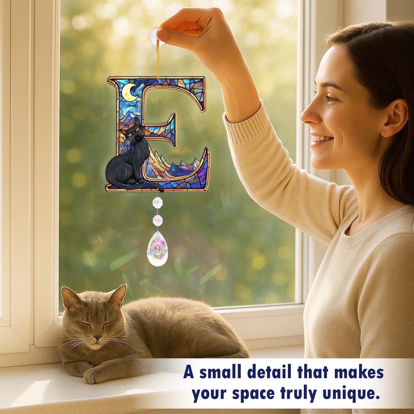 Suncatchers for Windows Hanging, Cat Starry Night Gifts for Women, Crystal Sun Catchers Indoor Window Rainbow Maker. Black Cat Lover Gifts for Women Personalized - Letter E