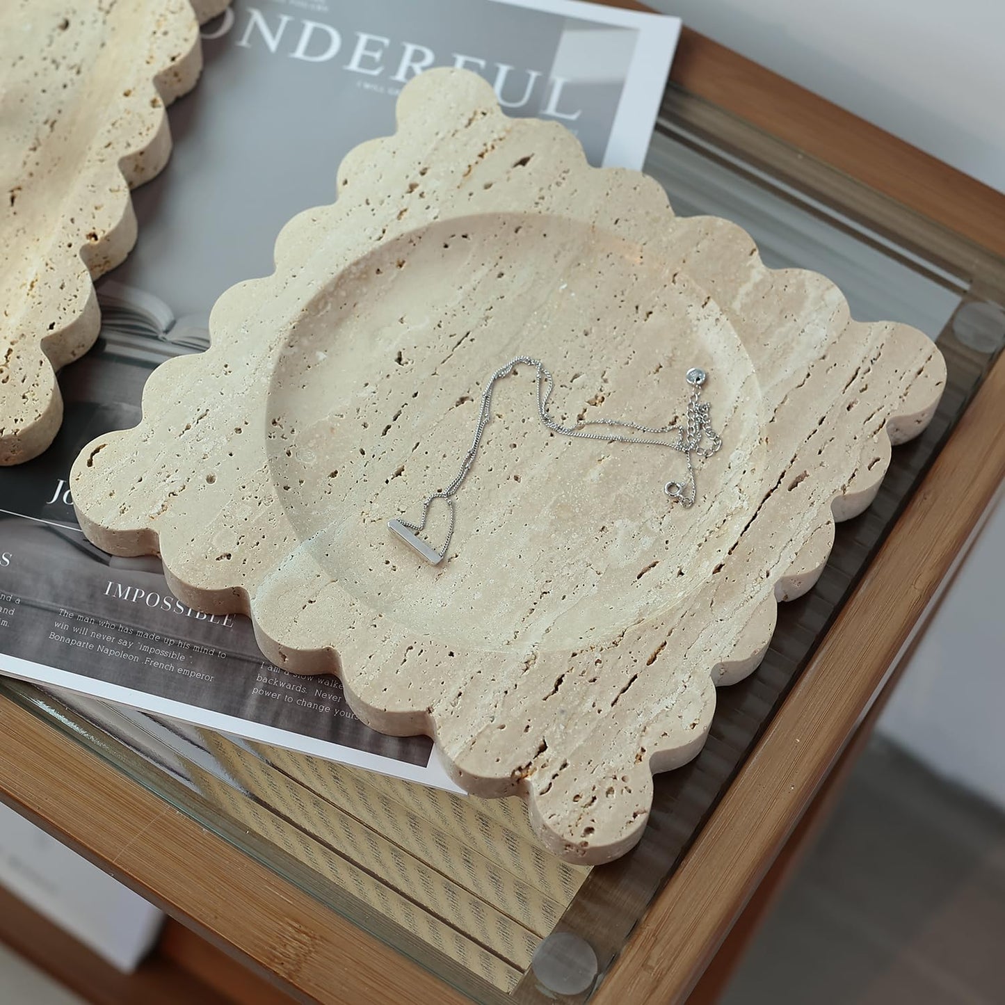 Natural Travertine Tray with Scalloped Edge, Vanity Decorative Tray for Countertop Organizer, Catchall Tray for Perfume, Candles, Jewelry Dish