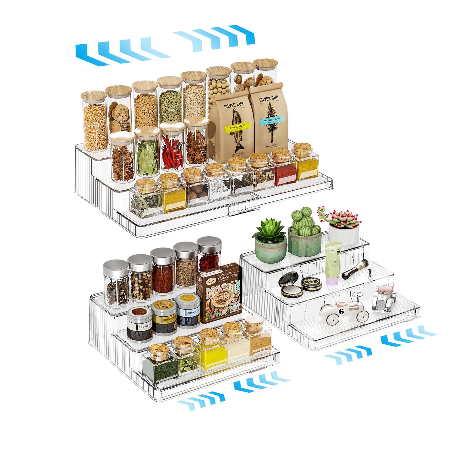 MSHOMELY 3-Tier Expandable Clear Spice Rack Organizer 2 Pack Adjustable Tiered Seasoning Shelf with Non-Slip Textured Surface, Multi-Purpose Cabinet Organizer for Kitchen Pantry Countertop Vanity