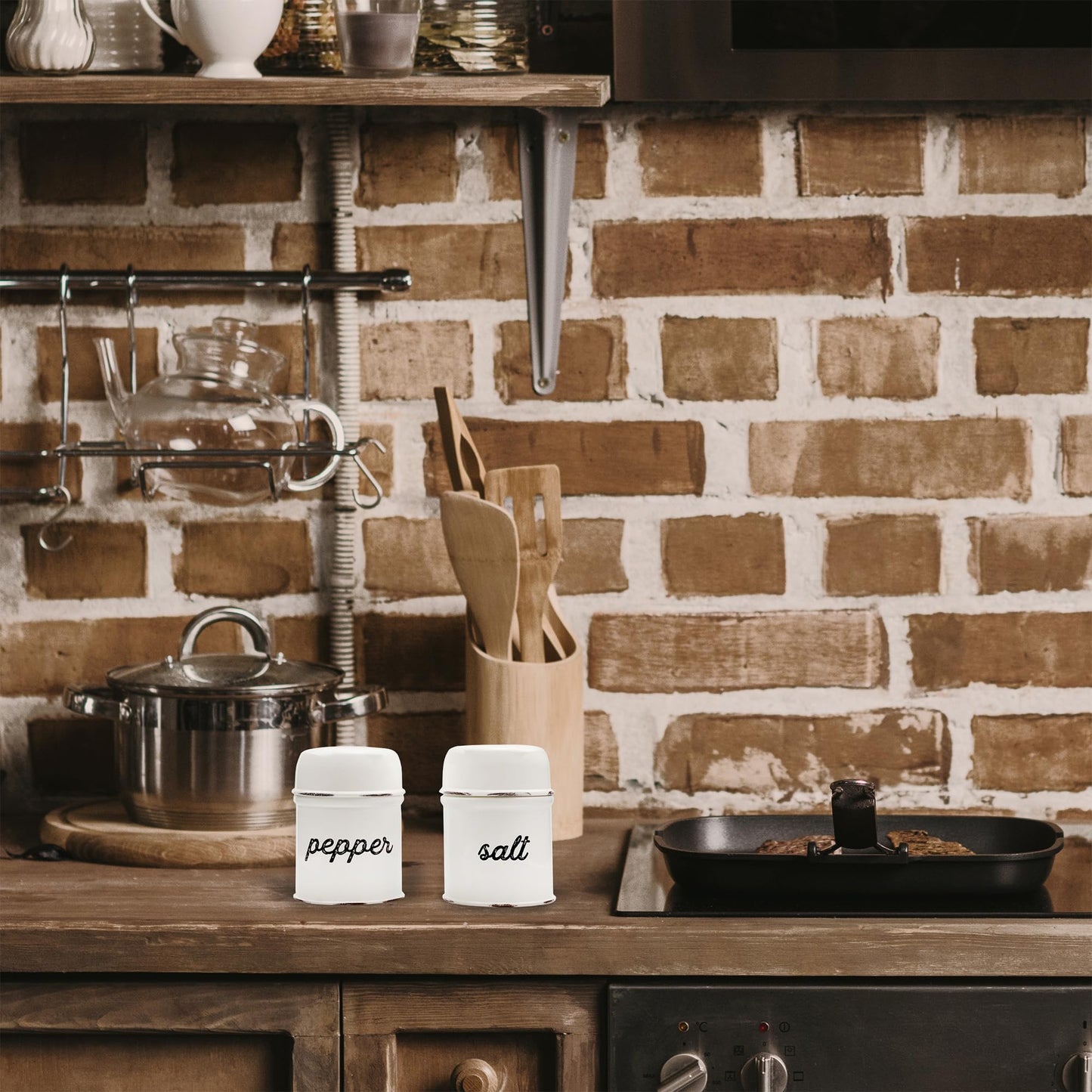 AuldHome Design Salt and Pepper Shaker Set (White); Rustic Enamelware Retro Vintage Style Shaker Set