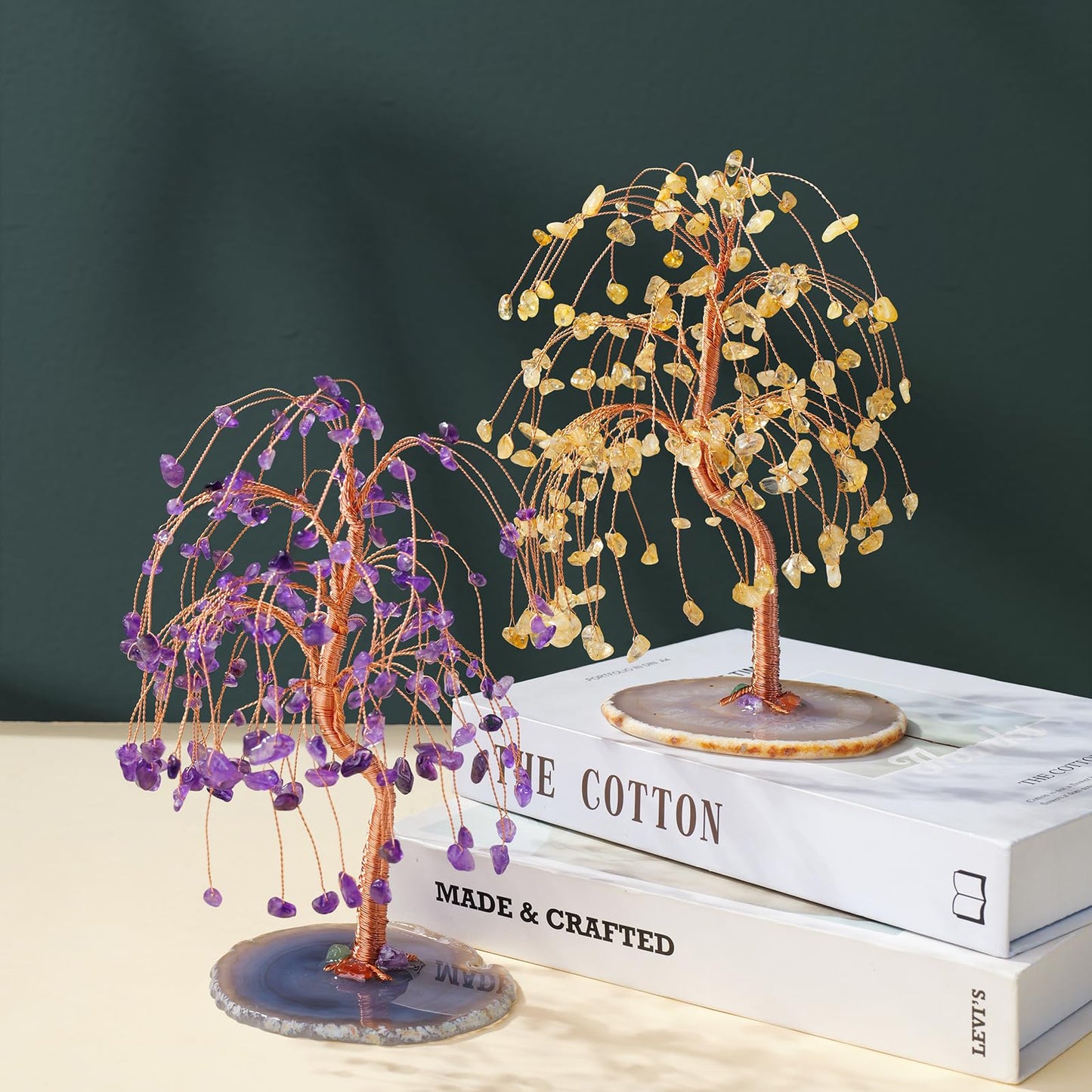 Runyangshi Chakra Crystal Tree of Life Handmade with Copper Wire - 7-8" Natural Healing Crystal Willow Tree Geode Agate Slices Base for Home Decor, Feng Shui Gifts, Office Desk Ornament