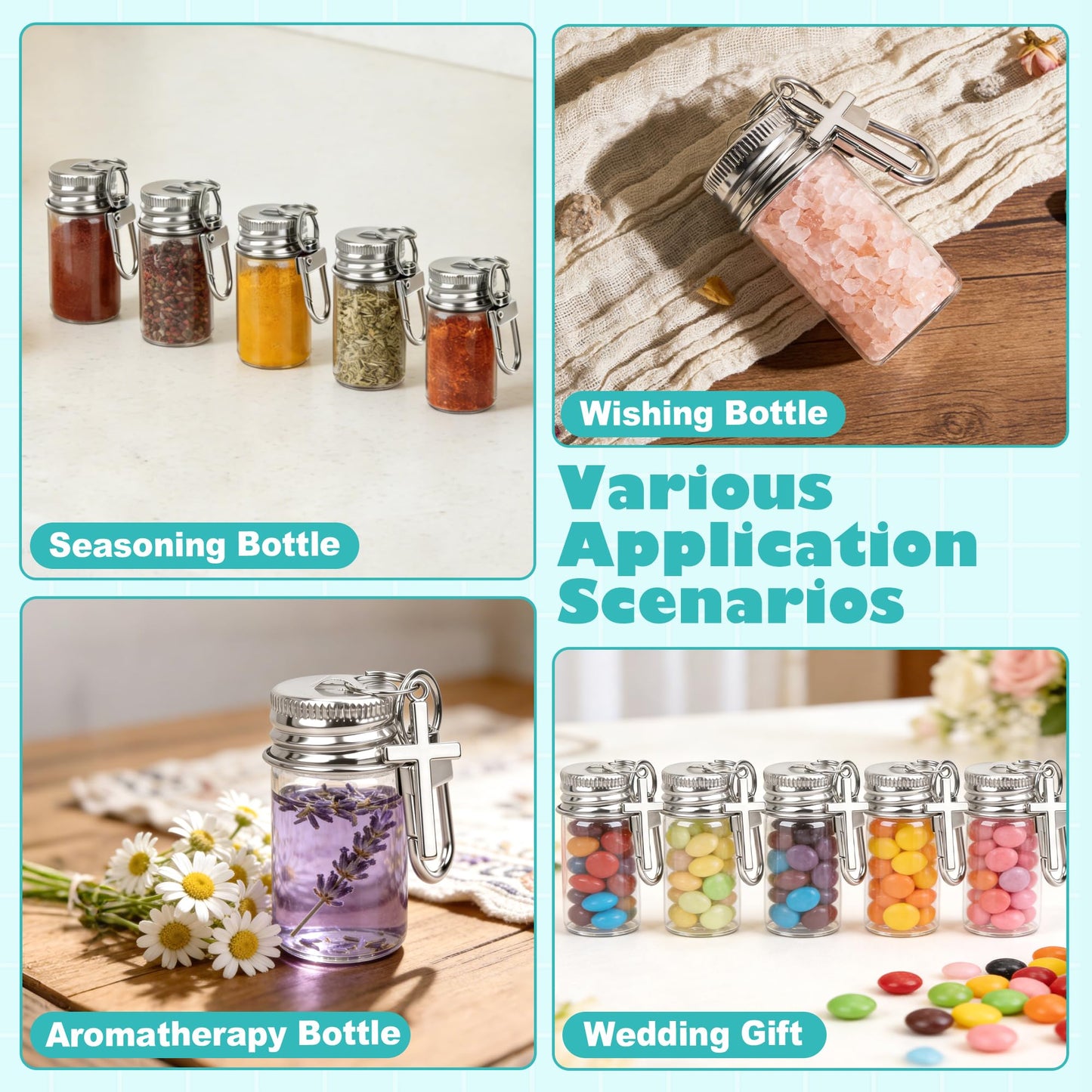 Catcan Mini Spice Keychain Bottles, 32 Pack 7ml Seasoning Keychain with Aluminum Lids & 2 Chains for DIY, Wedding Favors, Travel, BBQ Accessories