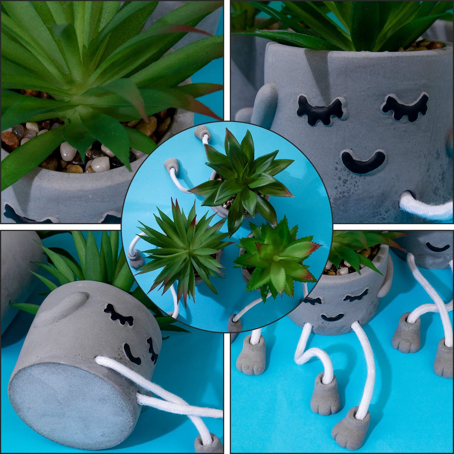 LUZOGA Creative Artificial Succulent Plants with Gray Pots Mini Potted Succulents Cute Fake Plants Succulents with Hanging Leg & Emotional Cement for Home Office Desk Decor and Gift Choice