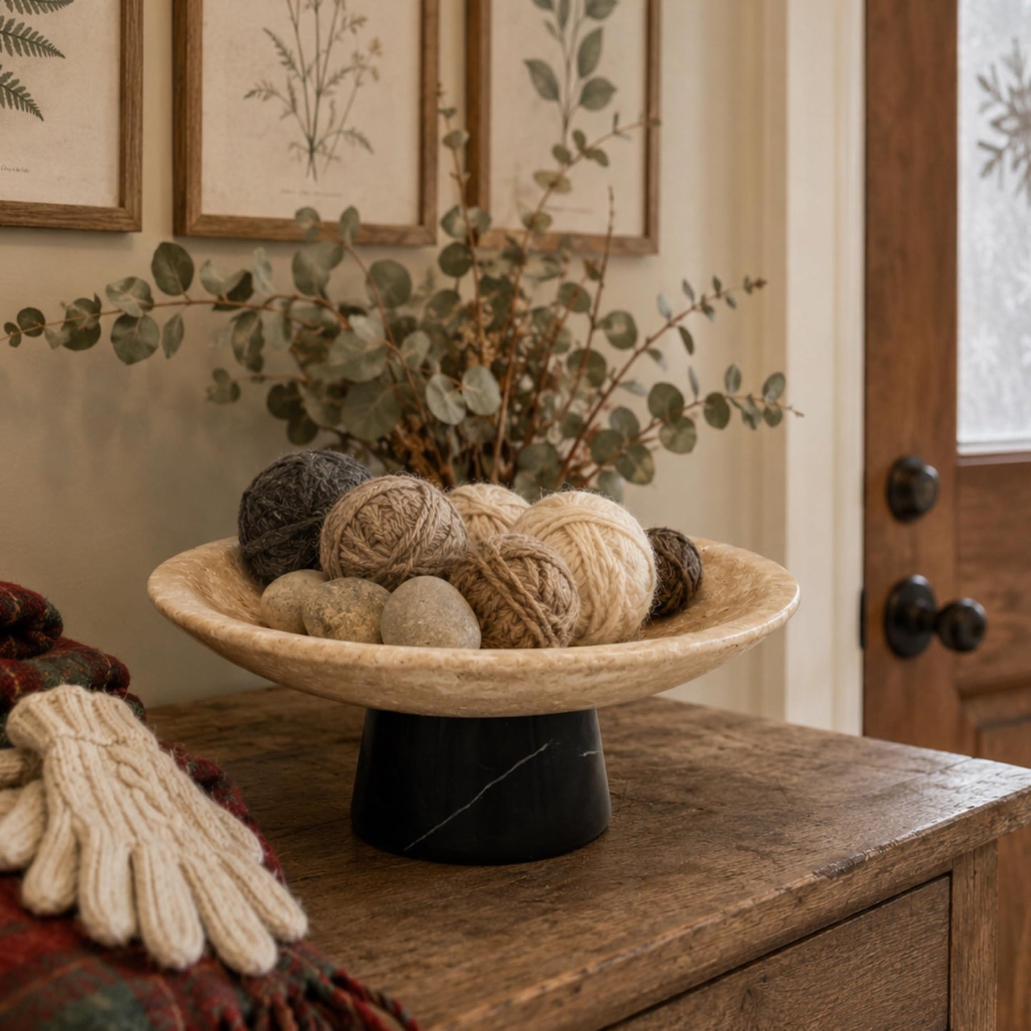 BekPooQ Travertine Decorative Fruit Bowl with Black Marble Pedestal, 10.2" Large Natural Stone Centerpiece Bowl for Kitchen Counter, Dining Table & Entryway Decor