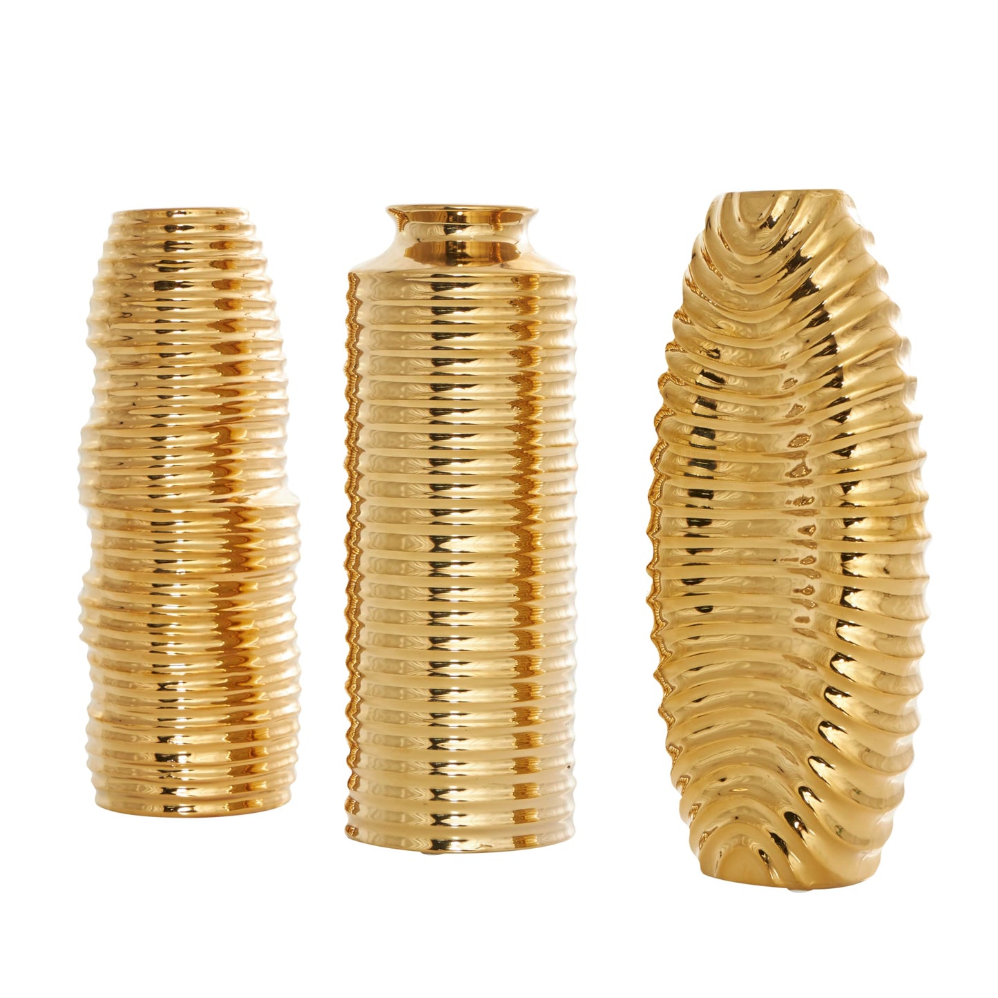 Deco 79 Ceramic Decorative Vase Dimensional Ribbed Centerpiece Vases with Varying Shapes, Set of 3 Flower Vases for Home Decoration 4" W, 11" H, Gold