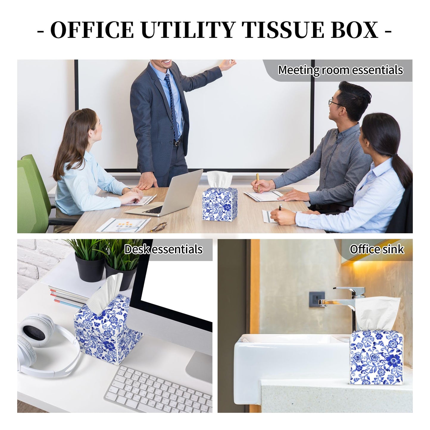 Tissue Box Cover,Blue and White Porcelain Flowers Pu Leather Square Tissue Box Cover Case Decorative Organizer for Bathroom Vanity Countertop Night Stands Office Desk & Car 5.2X5.2X5.2''