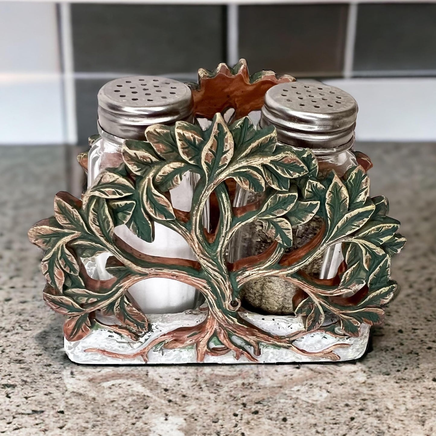 Tree of Life Salt and Pepper Shaker Set - Holder and Two Glass Shakers with Stainless Tops – Decorative Modern Rustic Celtic Spiritual Art