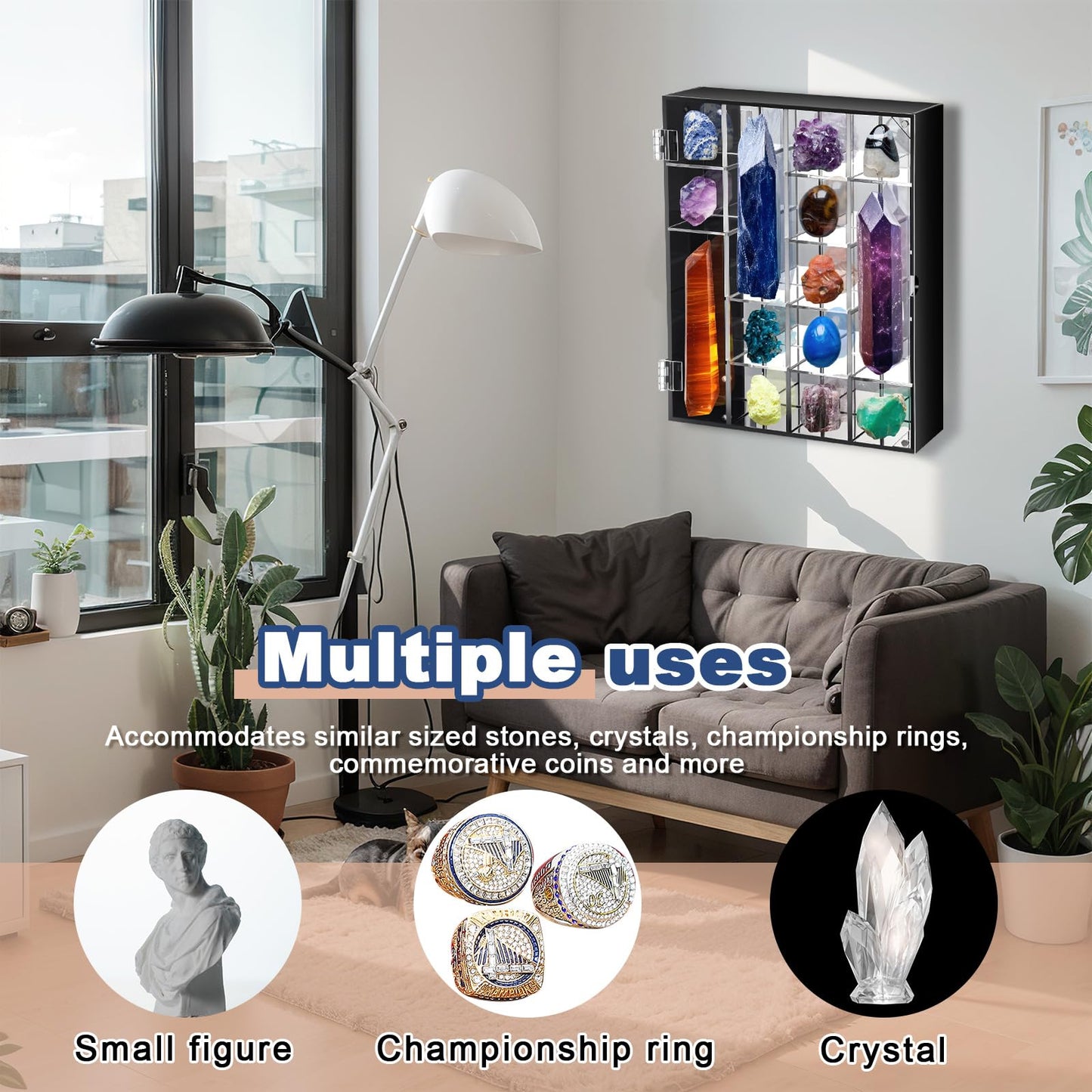 Cinnvoice Rock Display Case Adjustable 20 Grids Acrylic Display Case with Mirrored Crystal Organizer for Collectible, Crystal, Stones, Wall Mountable, Magnetic Door(Black Border, Square)